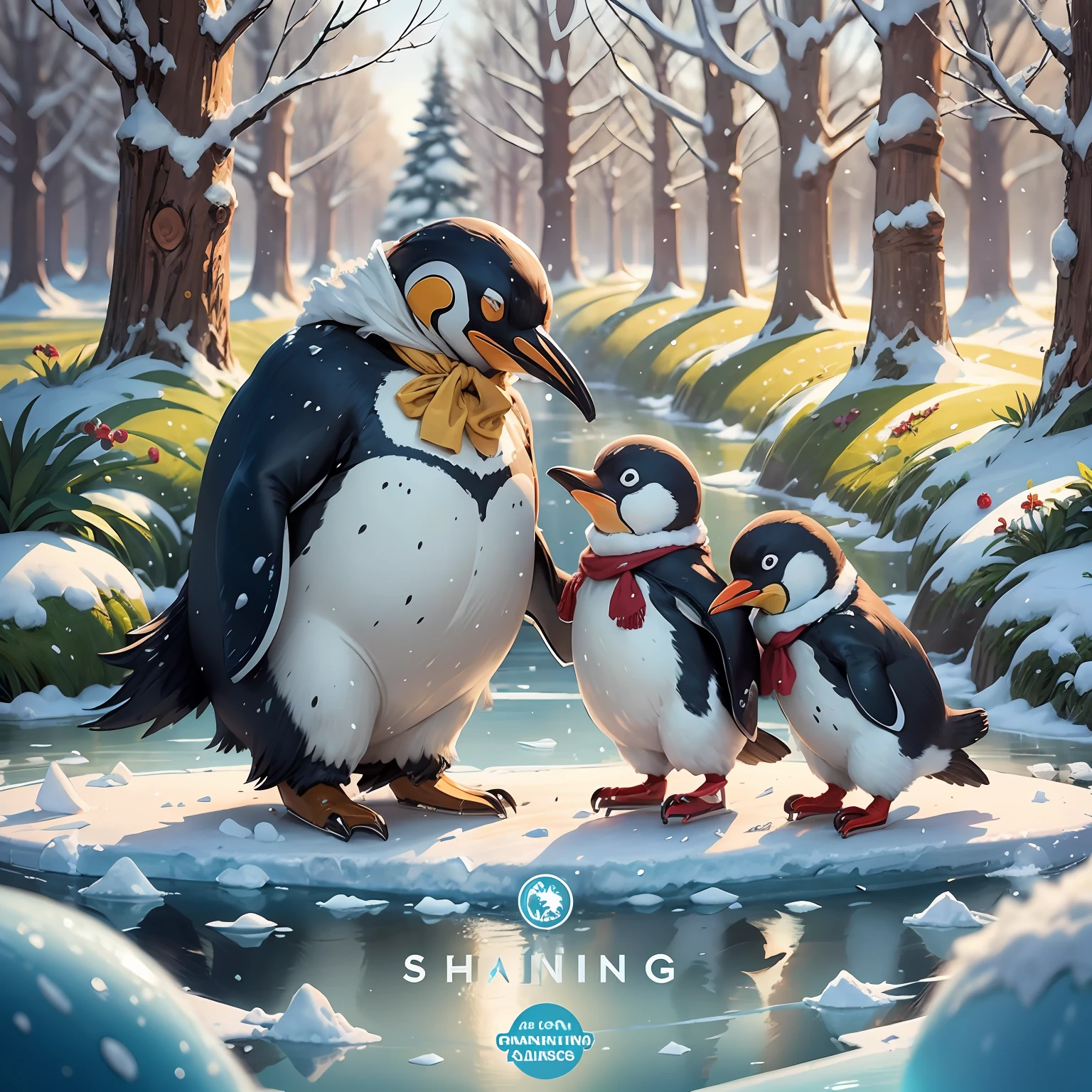 no human, joyful dancing, happy running, penguin parent and penguin child, ice skating, shimmering ice surface, glowing fruits growing on trees, Composition similar to The Beatles’ CD cover,