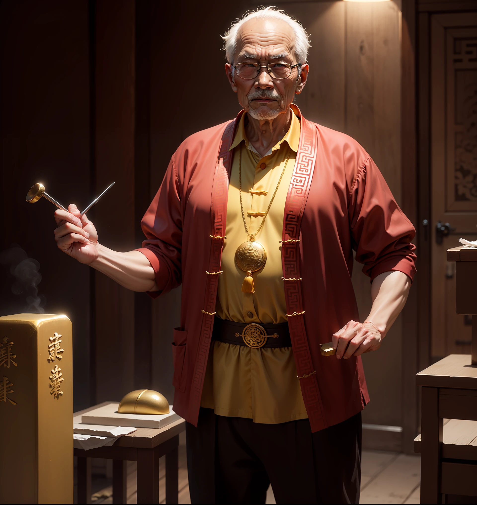 The old man with Chinese style holds the ingot，Dressed in golden-red clothes