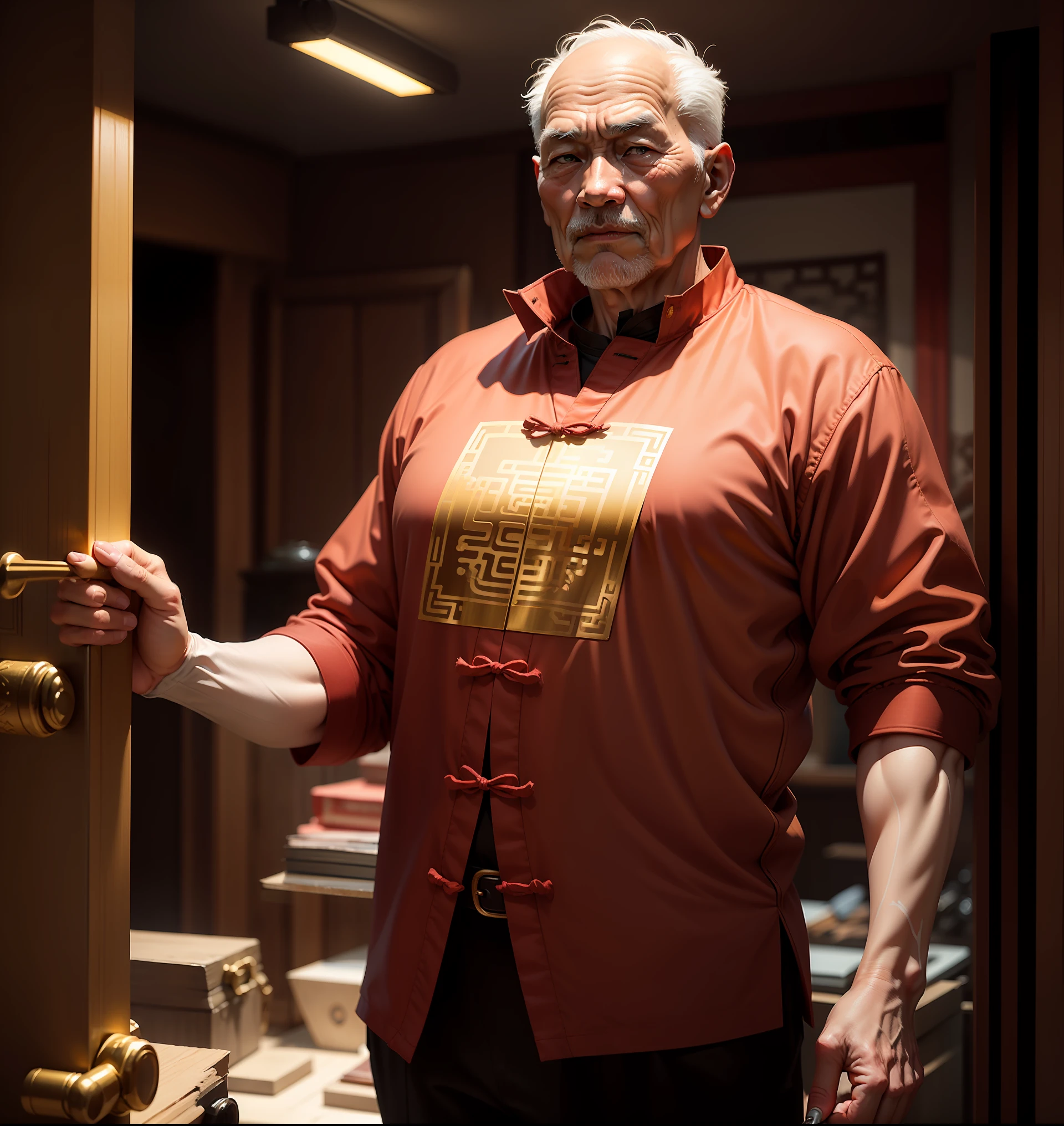 The old man with Chinese style holds the ingot，Dressed in golden-red clothes