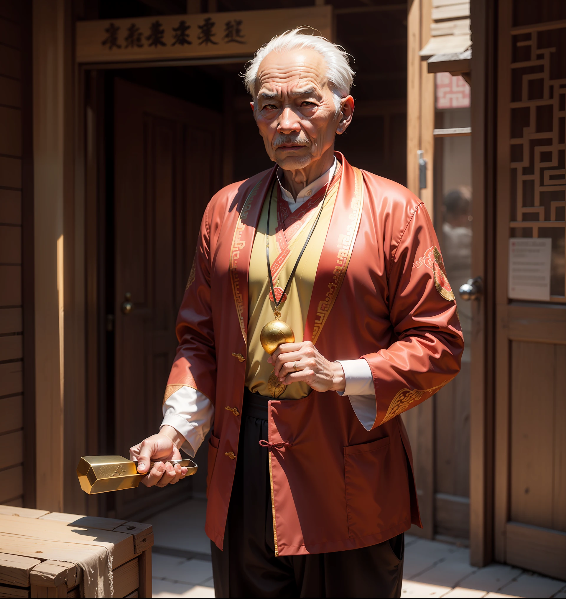 The old man with Chinese style holds the ingot,Dressed in golden-red clothes