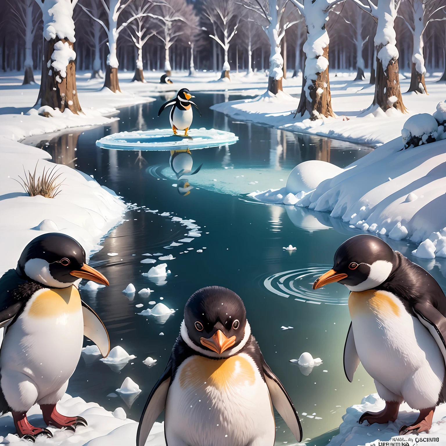 no human, joyful dancing, penguin parent and penguin child, ice skating, shimmering ice surface, glowing fruits growing on trees, Composition similar to The Beatles’ CD cover,