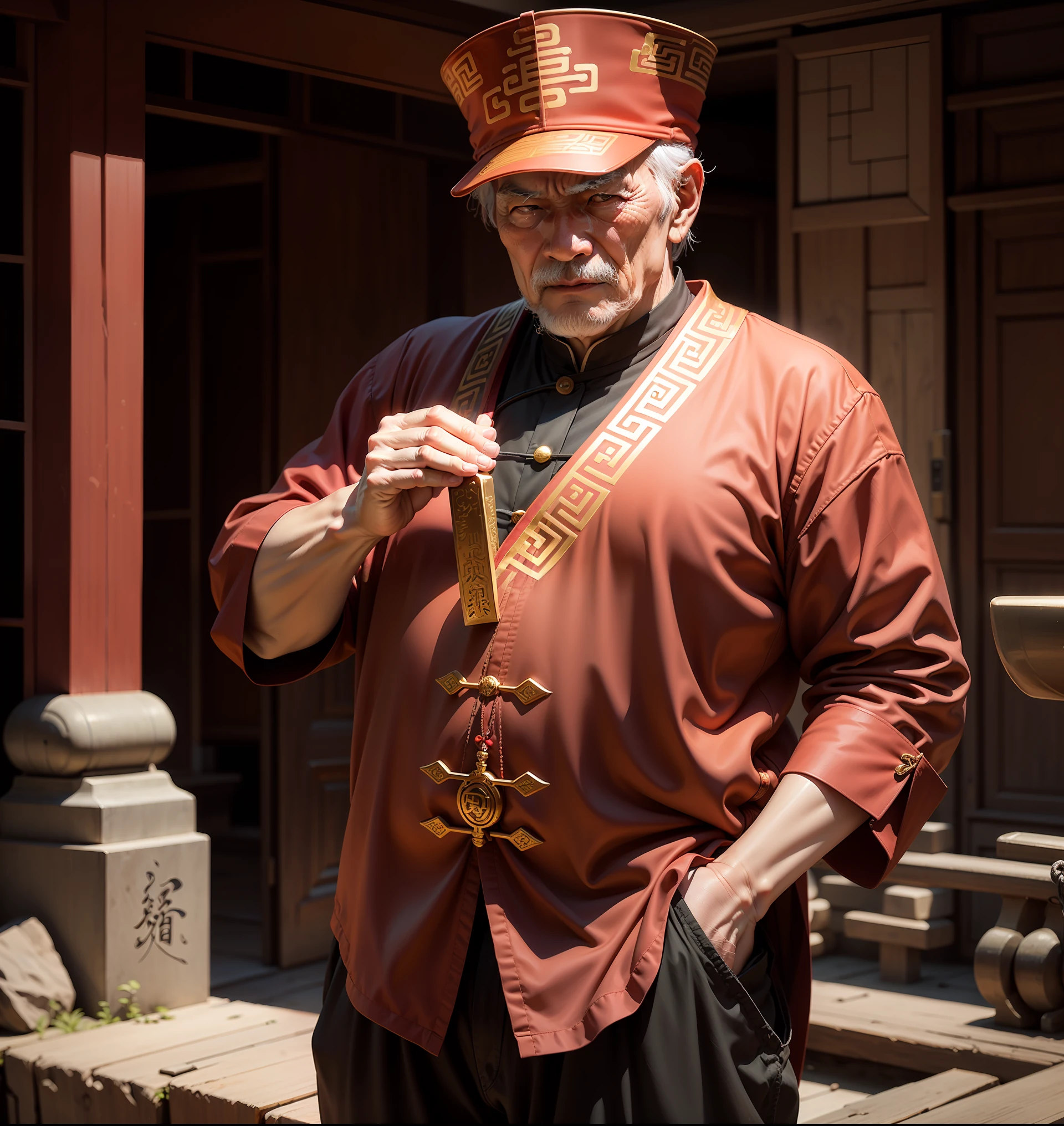 The old man with Chinese style holds the ingot,Dressed in golden-red clothes