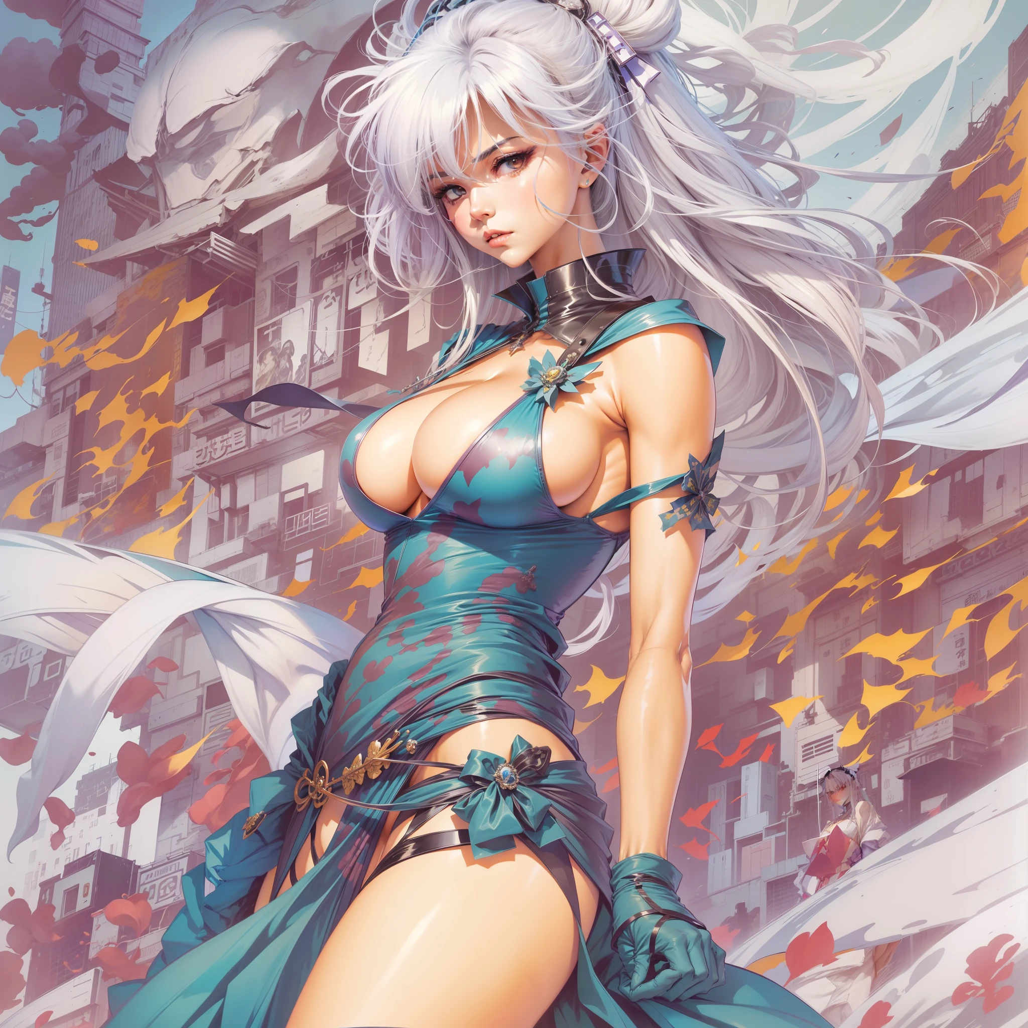 a close up of a woman in a dress with a large breast, full color manga cover, style of masamune shirow, manga comic book cover, by Masamune Shirow, white haired deity, inspired by Masamune Shirow, doujin, japanese comic book, full color manga visual style, manga cover style, manga cover, ecchi