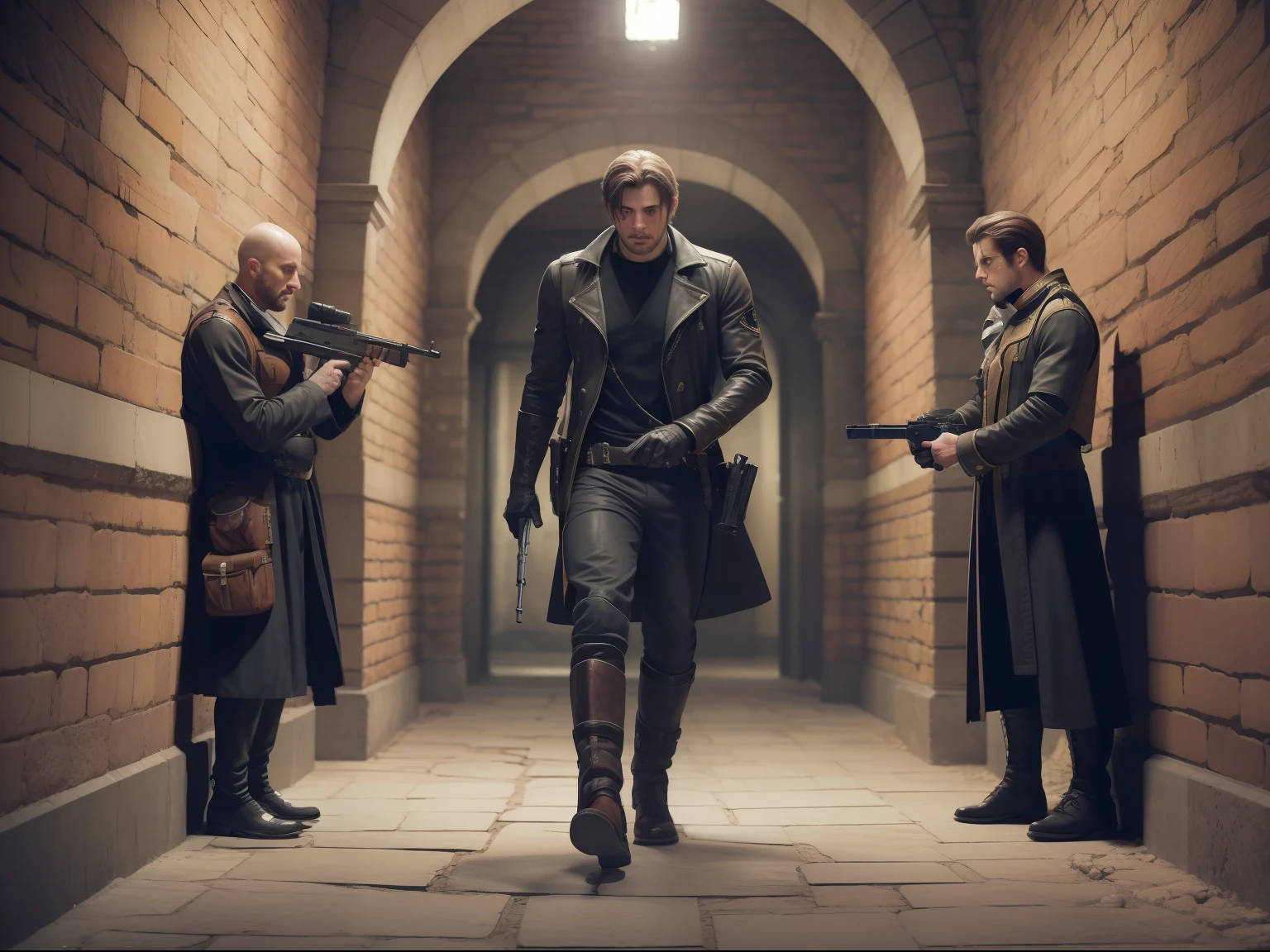 (masterwork) Very high quality, full body, Super detailed shooting, Resident Evil setting, Male clergy treat wounded male bards in dungeon corridors, 32K resolution, Best quality, Dynamic pose, actionpose, Surreal and charming.