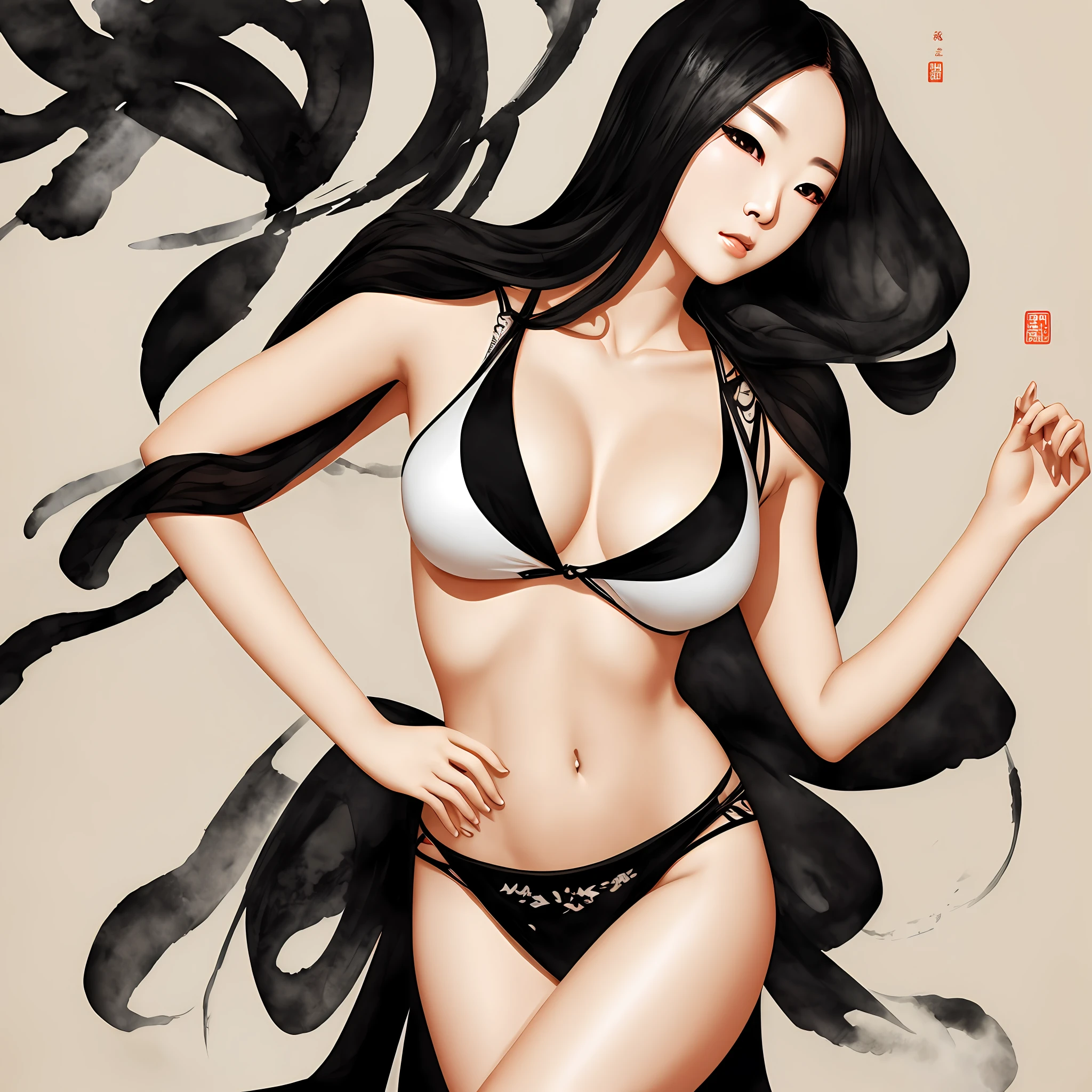 Tradition Chinese Ink Painting,比基尼,realisticlying,Seductive pose,one-girl,Raised sexy,4k,Realistic skin series。 --auto