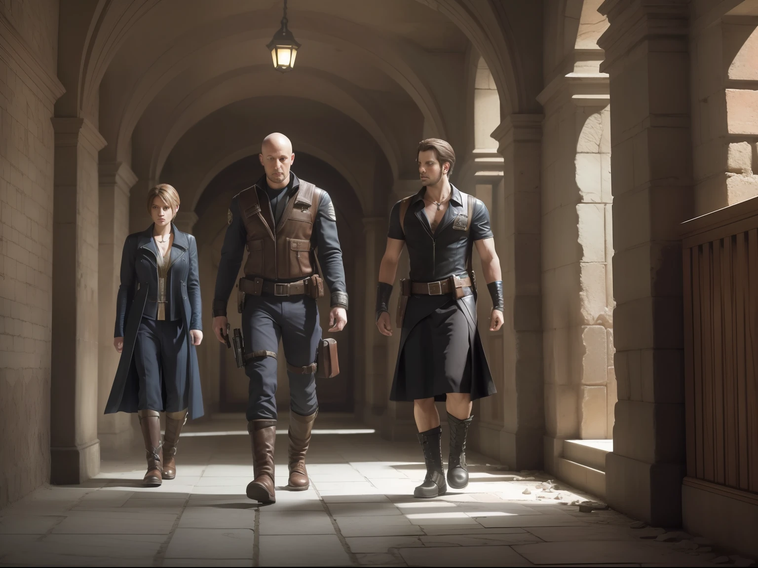 (masterwork) Very high quality, full body, Super detailed shooting, Resident Evil setting, Male clergy treat wounded male bards in dungeon corridors, 32K resolution, Best quality, Dynamic pose, actionpose, Surreal and charming.