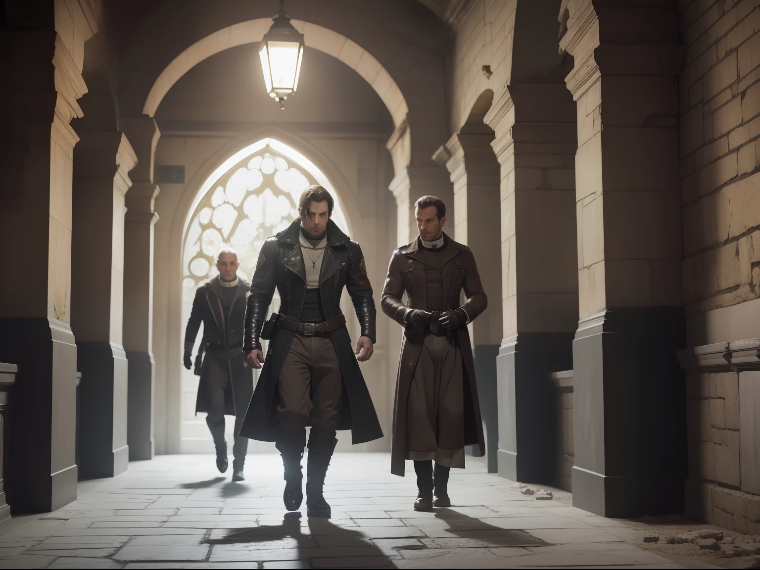 (masterwork) Very high quality, full body, Super detailed shooting, Resident Evil setting, Male clergy treat wounded male bards in dungeon corridors, 32K resolution, Best quality, Dynamic pose, actionpose, Surreal and charming.
