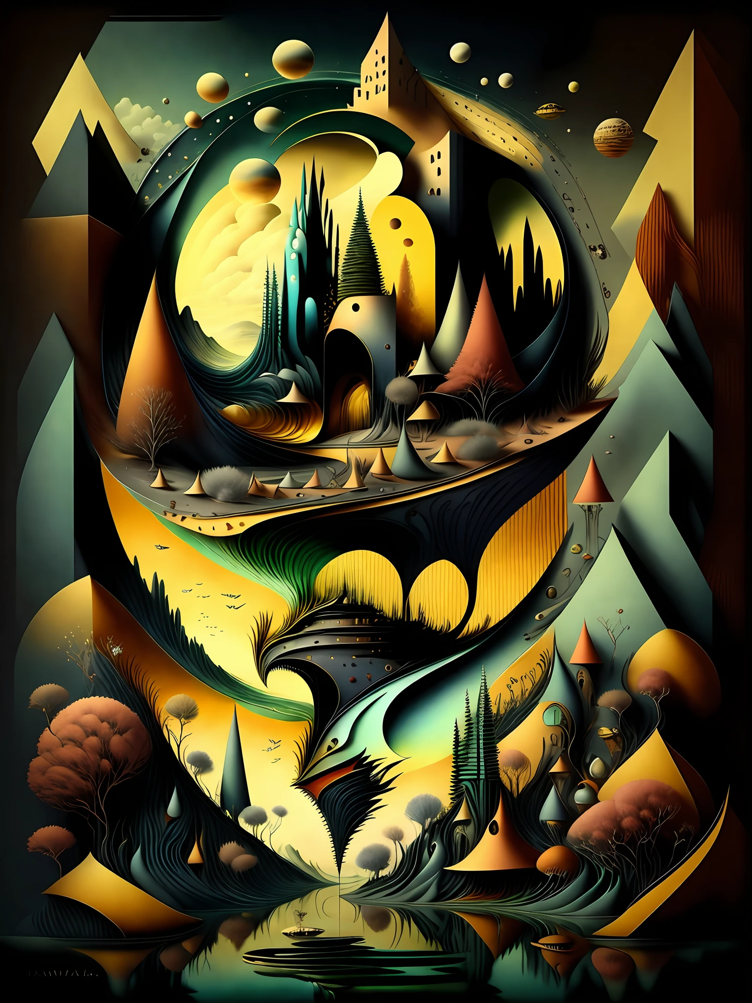 Crear una pintura que combine los estilos del surrealismo, Modernismo, cubismo, y art deco, con influencias del constructivismo y el minimalismo. The painting must be a representation of the artist's interpretation of the world., using a combination of abstract and figurative elements. The painting should be a reflection of the artist's unique perspective, and should convey a sense of mystery, Maravilla, e intriga