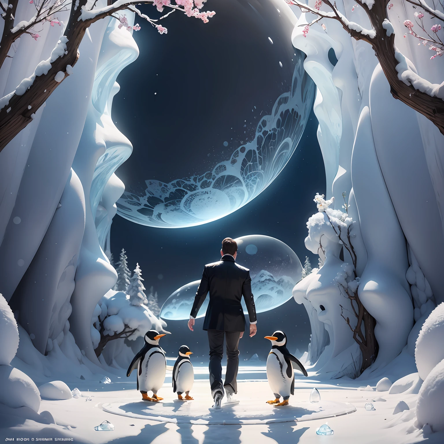 no human, joyful dancing, penguin parent and penguin child, ice skating, shimmering ice surface, Ice crystals, glowing fruits growing on trees, Composition similar to The Beatles’ CD cover,