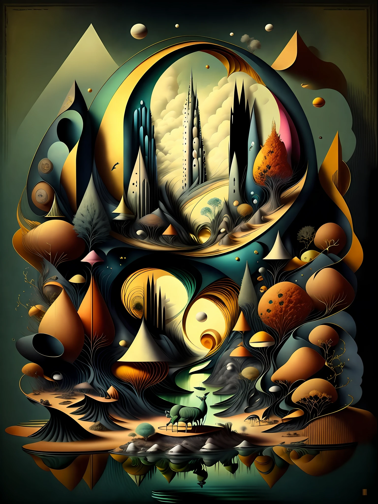 Crear una pintura que combine los estilos del surrealismo, Modernismo, cubismo, y art deco, con influencias del constructivismo y el minimalismo. The painting must be a representation of the artist's interpretation of the world., using a combination of abstract and figurative elements. The painting should be a reflection of the artist's unique perspective, and should convey a sense of mystery, Maravilla, e intriga