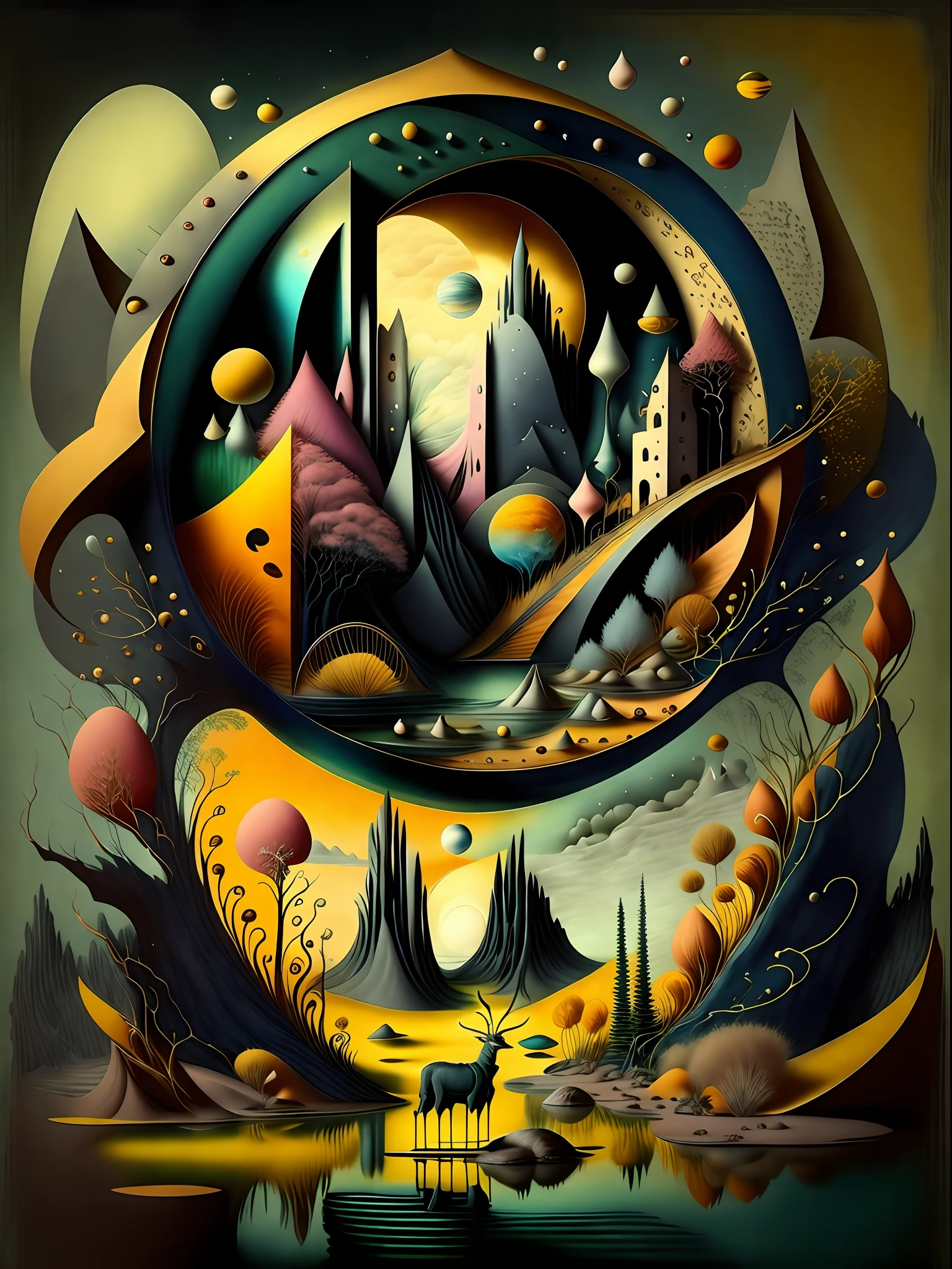 Crear una pintura que combine los estilos del surrealismo, Modernismo, cubismo, y art deco, con influencias del constructivismo y el minimalismo. The painting must be a representation of the artist's interpretation of the world., using a combination of abstract and figurative elements. The painting should be a reflection of the artist's unique perspective, and should convey a sense of mystery, Maravilla, e intriga