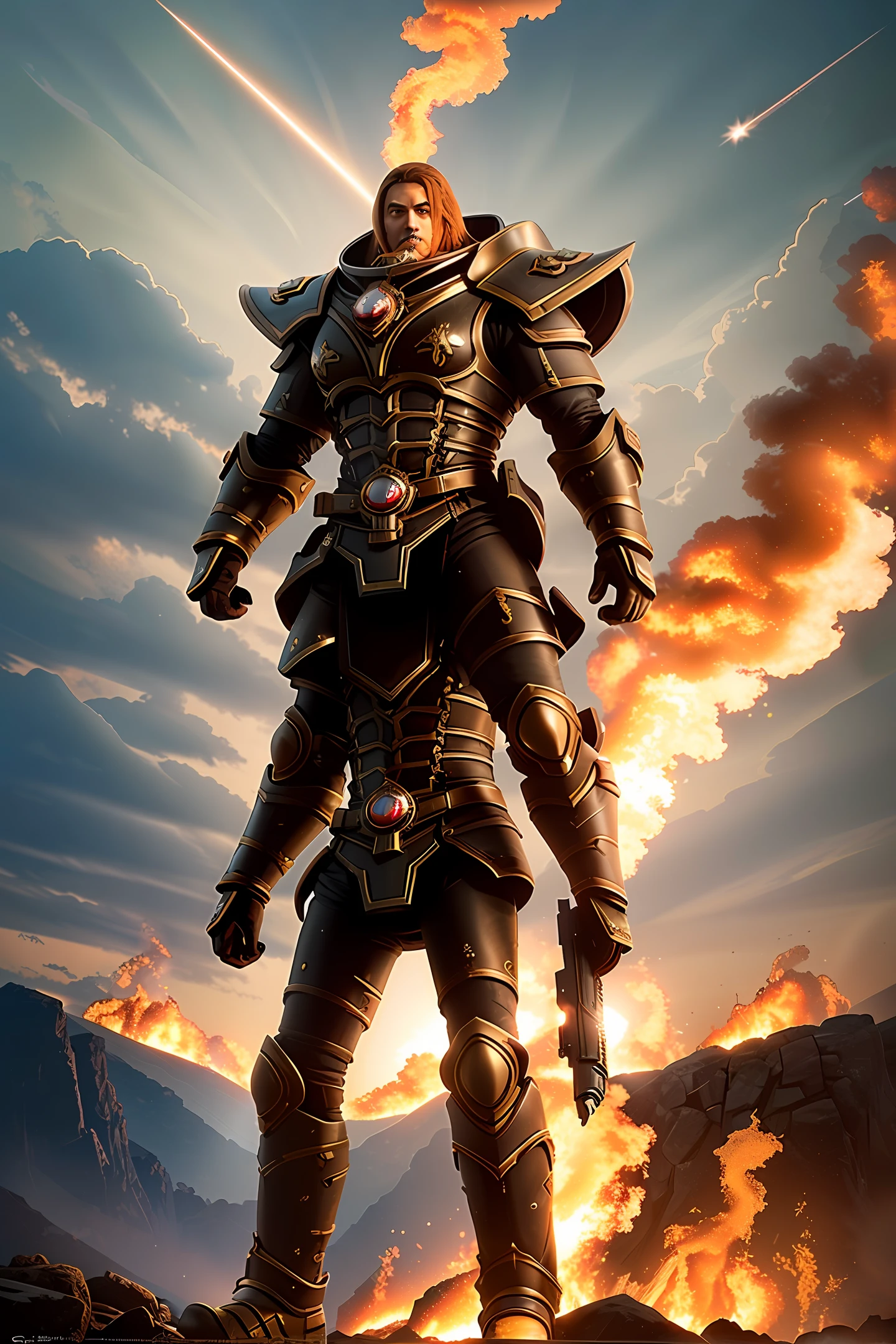 Equipped with a laser launcher,A red mechanical warrior with a mechanical blade on his arm,Show the spirit of overlords,Standing on a high mountain,Condescendingly, there was a constant exchange of fire against the spaceship,Thick smoke came out