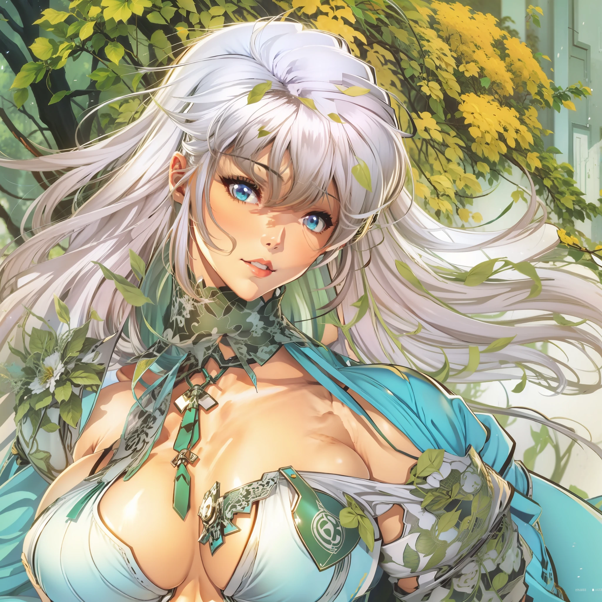 a close up of a woman in a dress with a large breast, full color manga cover, style of masamune shirow, manga comic book cover, by Masamune Shirow, white haired deity, inspired by Masamune Shirow, doujin, japanese comic book, full color manga visual style, manga cover style, manga cover, ecchi