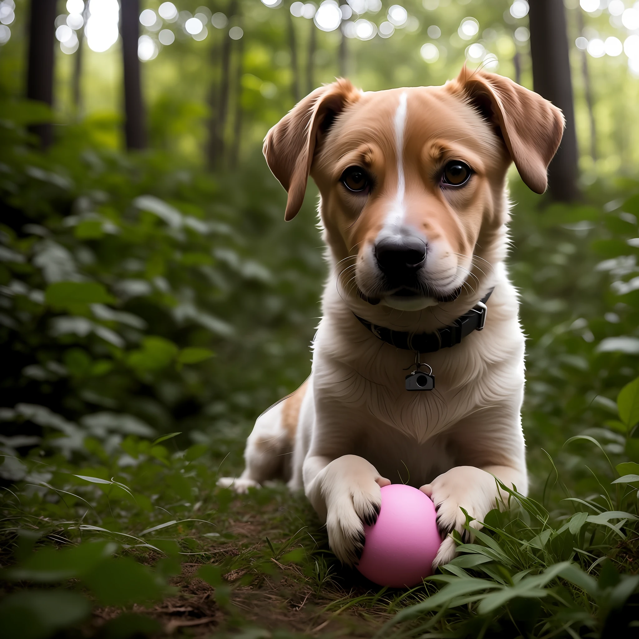 Puppy lying on the floor with a pink ball in his mouth, pintado digitalmente, foto de retrato em close-up, imagem ultra realista, foto de retrato, foto de retrato detalhada, Dog cute, estilo fotorrealista, uma foto ultra realista, foto altamente realista, retrato frontal, close up foto de retrato, imagem realista, imagem hiperrealista, imagem fotorrealista, em estilo de ultra realista