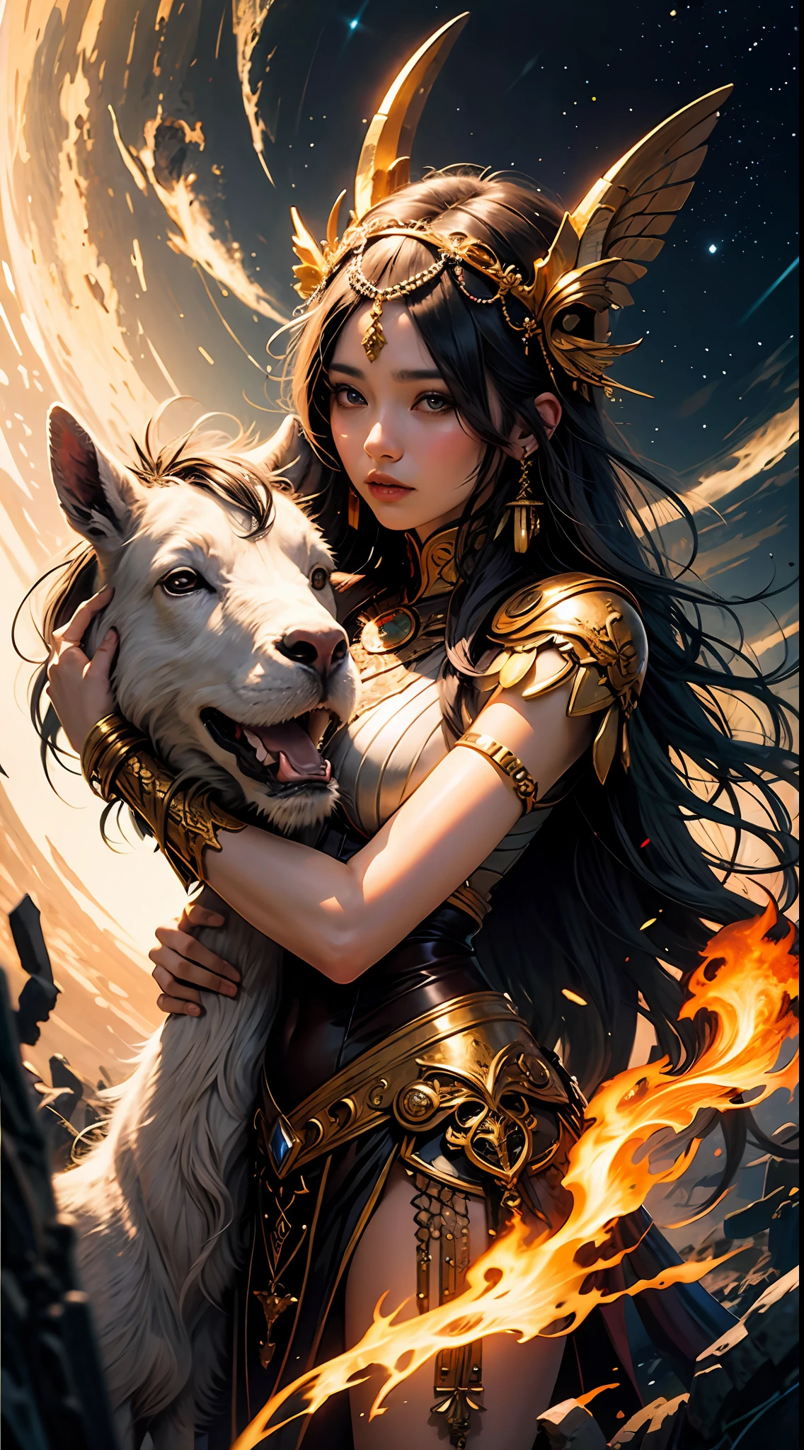 (best qualtiy)), ((tmasterpiece)), (A detailed:1.4),Light and dark are intense,Suspended in the universe,starrysky,Taiji galaxy,((Goddesses and majestic goats snuggle together:1.4)),((Gorgeous Greek mythological costumes)),(Nice headband),high qulity,8K分辨率,tmasterpiece,Works of masters,Cinematic lighting,super-fine,,super-fine,Works of masters,high qulity,8K分辨率,电影灯光,high qulity,super-fine,Accurate,offcial art, 8k 壁纸,