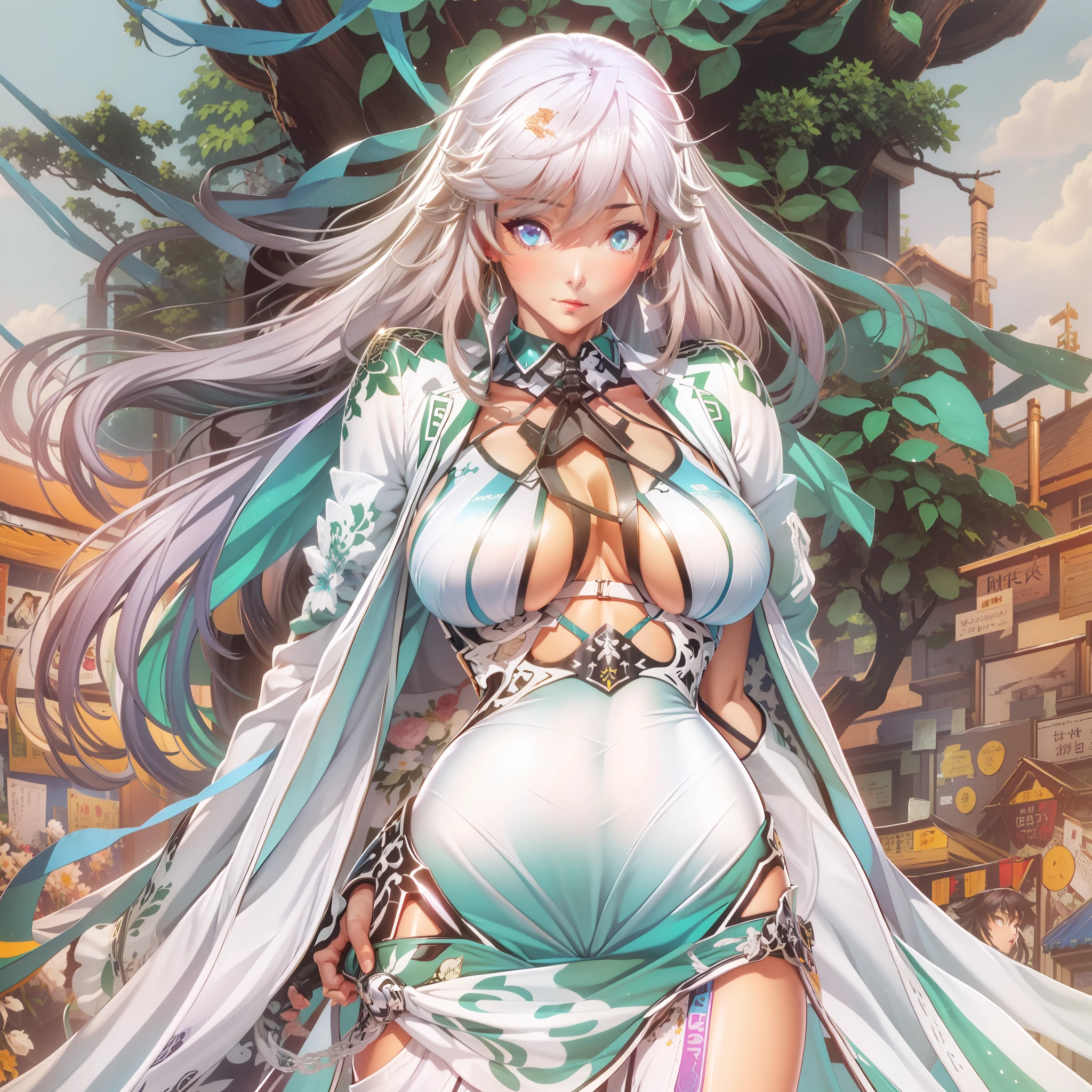 a close up of a woman in a dress with a large breast, full color manga cover, style of masamune shirow, manga comic book cover, by Masamune Shirow, white haired deity, inspired by Masamune Shirow, doujin, japanese comic book, full color manga visual style, manga cover style, manga cover, ecchi