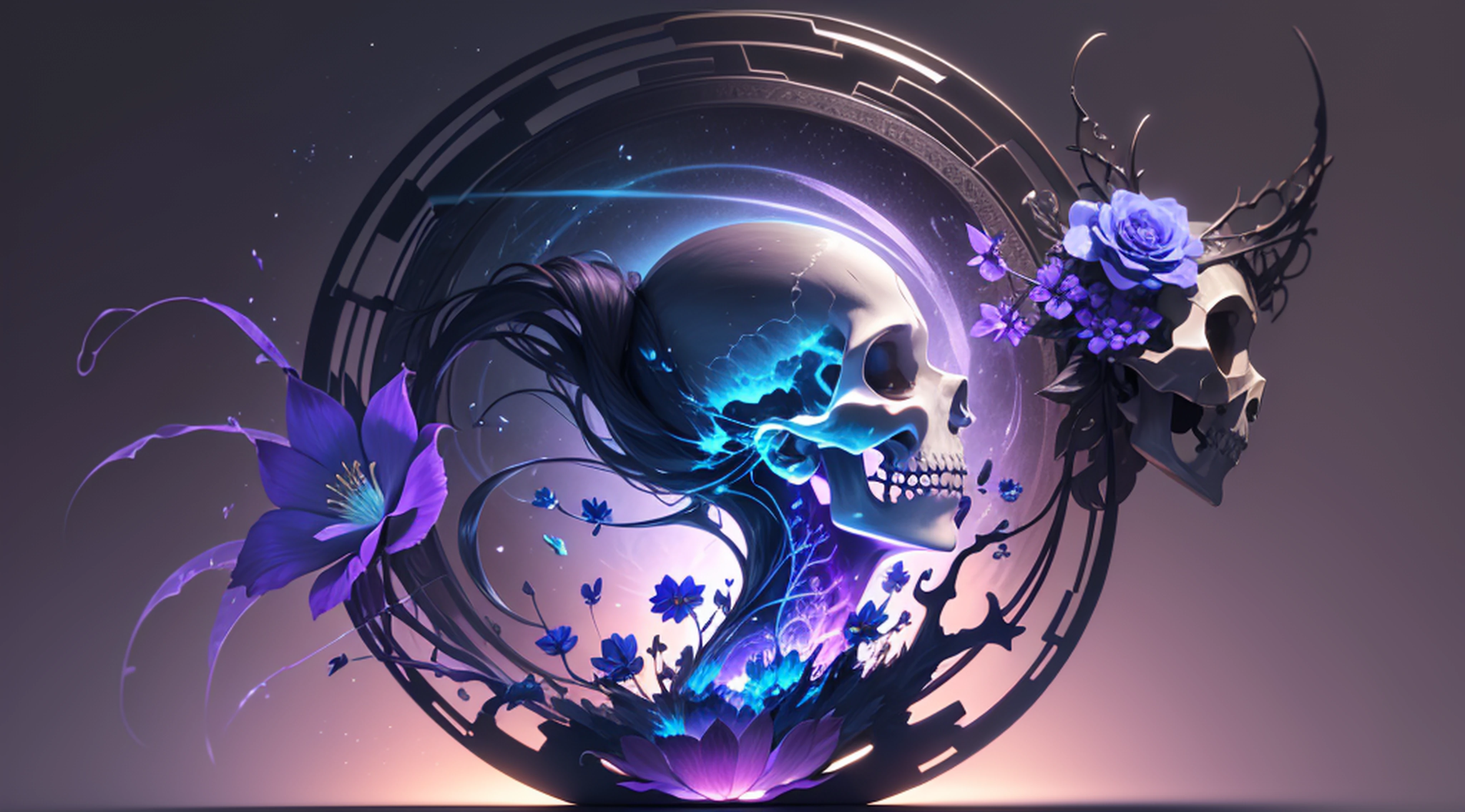 "A fascinating skull, adorned with intricate mosaics of heart, hummingbird flower and fish, glows with lush colors. Above it, delicate three-dimensional roses stand out with their soft, velvety texture, creating a striking contrast to the cool tones surrounding the work. Around the skull, a structure of leaves, twigs, and flowers intertwines, forming a silhouette reminiscent of a ballerina holding the symbol of death. The background is painted with shades of deep blue and enigmatic purple, which generate subtle reflections and a soft, beautiful, slightly golden illumination that comes from a source of life and hope. In this composition, shadow and beauty harmonize in a unique way, sharpening the senses and inviting reflection: What does this skull represent? What is the meaning of this work? What are the mysteries of human existence?" --auto --s2