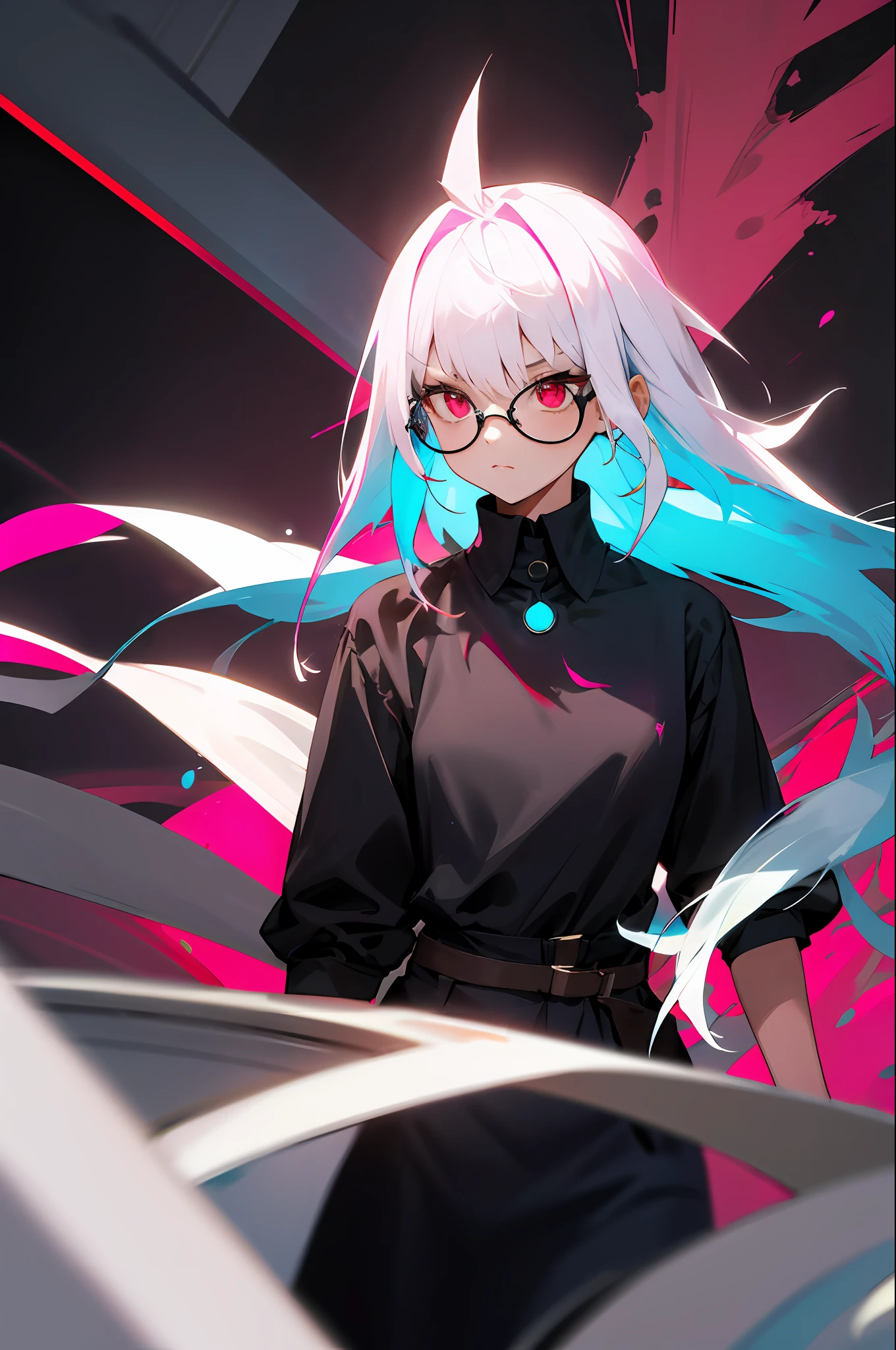 ((1woman)) In a room, there was a woman wearing a black shirt and glasses, with jet white hair and bright pink eyes, badass, Without expression, Her hair is a little spiky