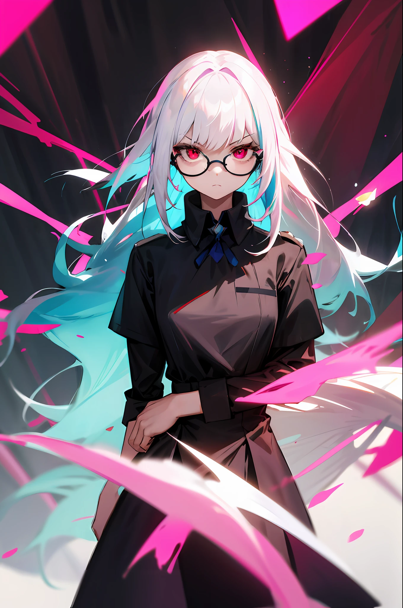 ((1woman)) In a room, there was a woman wearing a black shirt and glasses, with jet white hair and bright pink eyes, badass, Without expression, Her hair is a little spiky