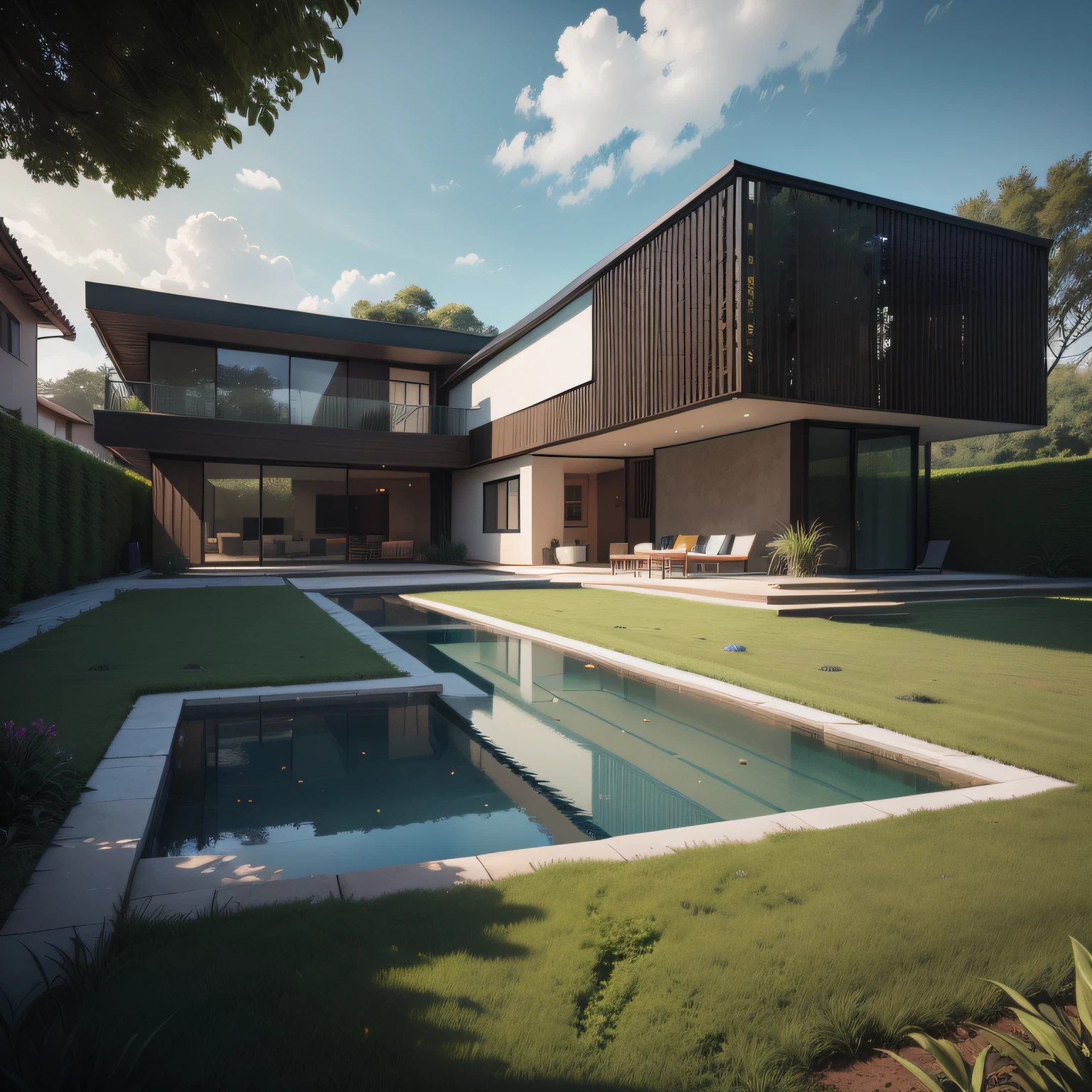 Organic modern architecture on a plot without walls and fences, Terreno bastante grande, terreno com cavalos, paisagem liver, pradaria com arvores , There is a swimming pool in the middle of a large one-story house, cor da casa em vigas marrom chocolate e preto, large modern residence, telhados planos e jardim, render luxcore, renderizar oktane, a photorealistic rendering, architectural render, mantra rendering, architectural render, realism rendering, architectural visualisation, piscina de bem-estar, architectural visualisation, Large green areas, com pequenas zonas de flores de lavanda, arbustos verdes tipo exuberante jardim verde, as well as small water mirrors, swimming pool embedded in an area of sand, oliveiras e pinheiros ao redor da casa, 8k ultra-realista, muito detalhe