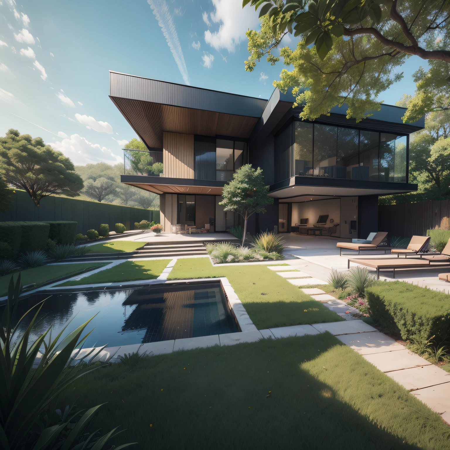 Organic modern architecture on a plot without walls and fences, Terreno bastante grande, terreno com cavalos, paisagem liver, pradaria com arvores , There is a swimming pool in the middle of a large one-story house, cor da casa em vigas marrom chocolate e preto, large modern residence, telhados planos e jardim, render luxcore, renderizar oktane, a photorealistic rendering, architectural render, mantra rendering, architectural render, realism rendering, architectural visualisation, piscina de bem-estar, architectural visualisation,  Large green areas, com pequenas zonas de flores de lavanda, arbustos verdes tipo exuberante jardim verde, as well as small water mirrors, swimming pool embedded in an area of sand, oliveiras e pinheiros ao redor da casa, 8k ultra-realista, muito detalhe