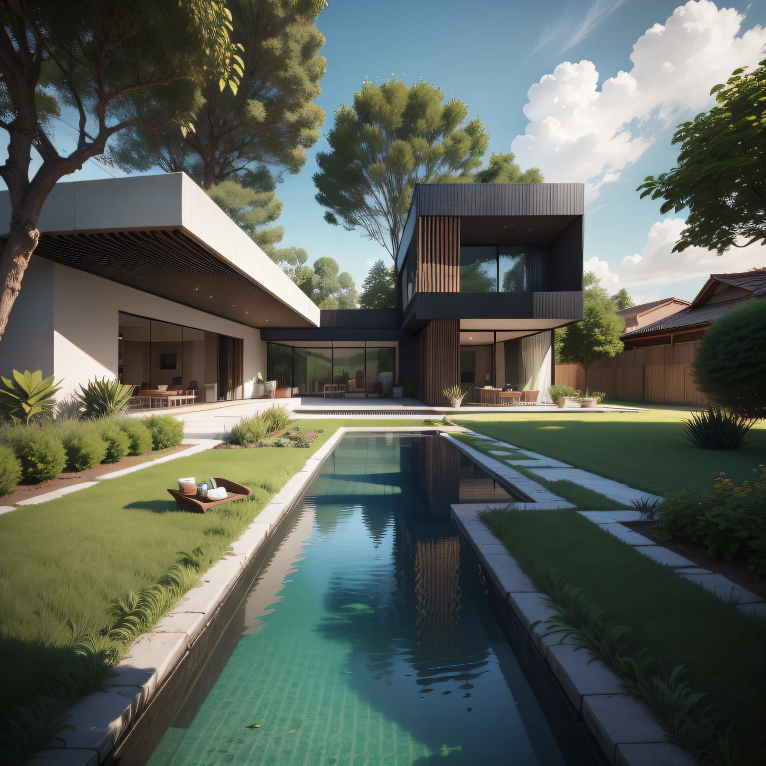 Organic modern architecture on a plot without walls and fences, Terreno bastante grande, terreno com cavalos, paisagem liver, pradaria com arvores , There is a swimming pool in the middle of a large one-story house, cor da casa em vigas marrom chocolate e preto, large modern residence, telhados planos e jardim, render luxcore, renderizar oktane, a photorealistic rendering, architectural render, mantra rendering, architectural render, realism rendering, architectural visualisation, piscina de bem-estar, architectural visualisation, Large green areas, com pequenas zonas de flores de lavanda, arbustos verdes tipo exuberante jardim verde, as well as small water mirrors, swimming pool embedded in an area of sand, oliveiras e pinheiros ao redor da casa, 8k ultra-realista, muito detalhe