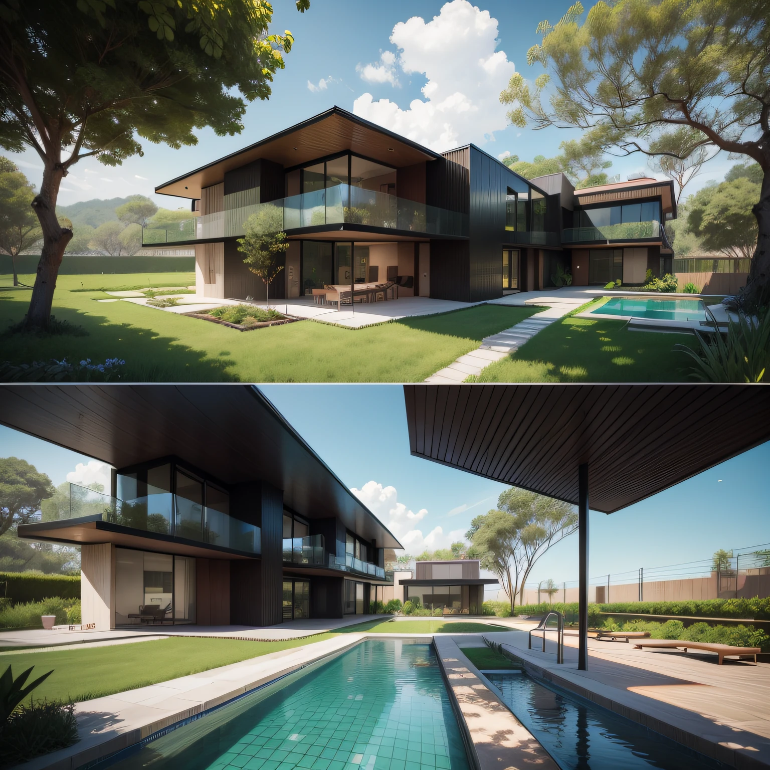 Organic modern architecture on a plot without walls and fences, Terreno bastante grande, terreno com cavalos, paisagem liver, pradaria com arvores , There is a swimming pool in the middle of a large one-story house, cor da casa em vigas marrom chocolate e preto, large modern residence, telhados planos e jardim, render luxcore, renderizar oktane, a photorealistic rendering, architectural render, mantra rendering, architectural render, realism rendering, architectural visualisation, piscina de bem-estar, architectural visualisation, Large green areas, com pequenas zonas de flores de lavanda, arbustos verdes tipo exuberante jardim verde, as well as small water mirrors, swimming pool embedded in an area of sand, oliveiras e pinheiros ao redor da casa, 8k ultra-realista, muito detalhe