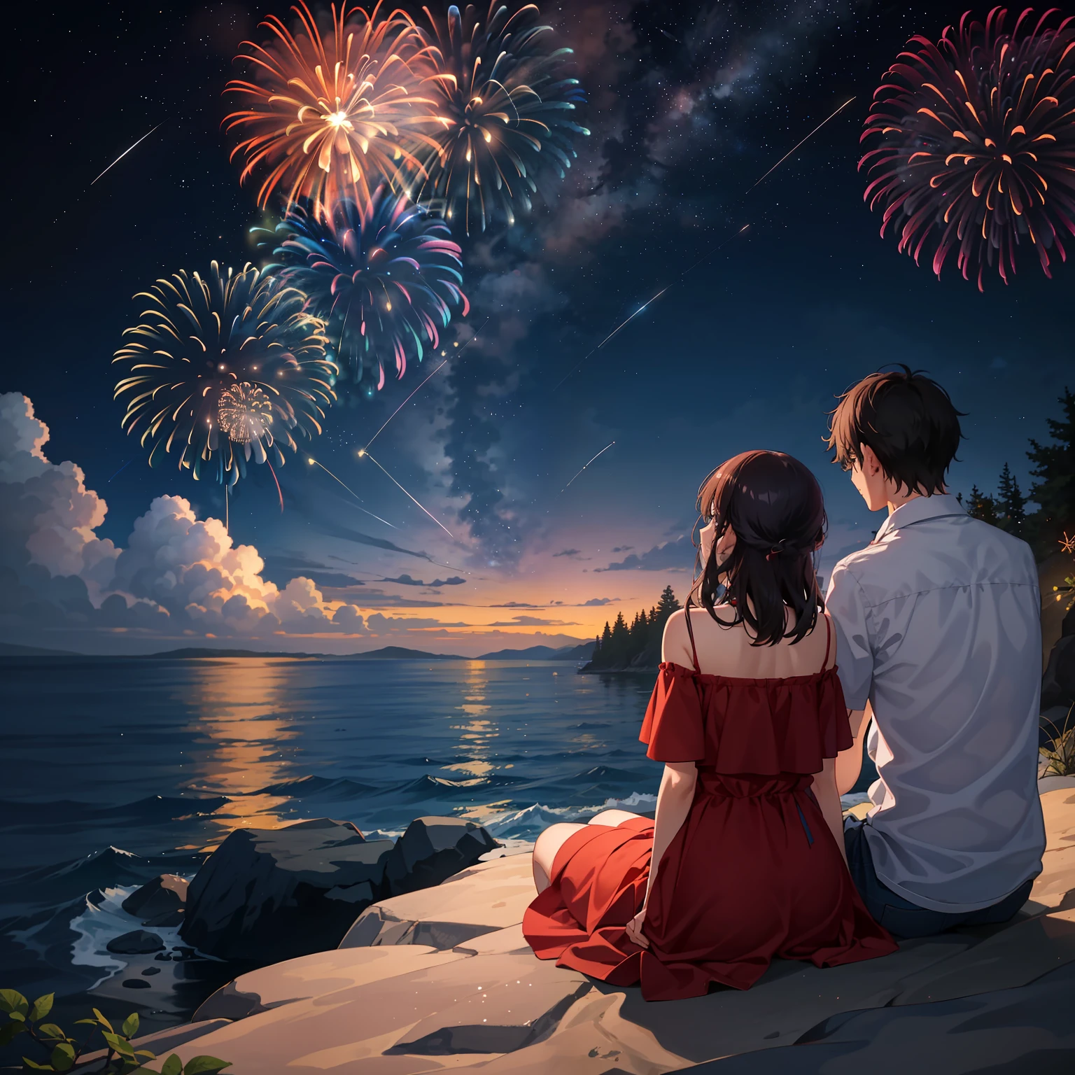 There were two people sitting on a rock watching the fireworks, 𝓡𝓸𝓶𝓪𝓷𝓽𝓲𝓬, Fireworks in the background, dreamy and romantic, Romantic scene, Romantic!!!, Not a couple, beautiful photograph, fireworks in background, Early hours of the morning Night Sitting on your knees Boys with low self-esteem admire girls Lots of fireworks in the sky Sitting on the beach at night, Look at the stars, the mountains are relatively high, and watch the fireworks on the beach opposite