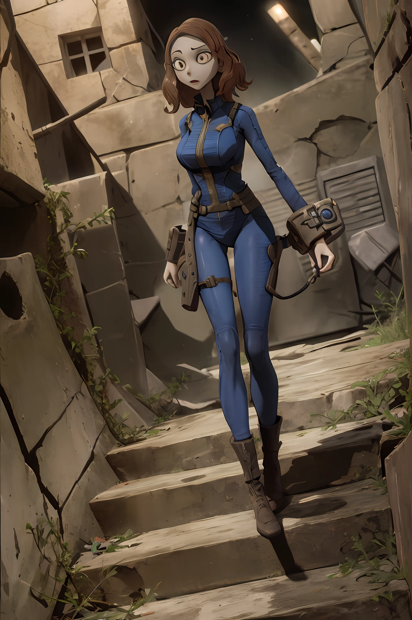 TimBurton Animation, photo of woman in a vault suit, 1girl, solo, colorful, action face, sneaking in a dark vault, action shot, bright side lighting, graceful, bottom heavy body