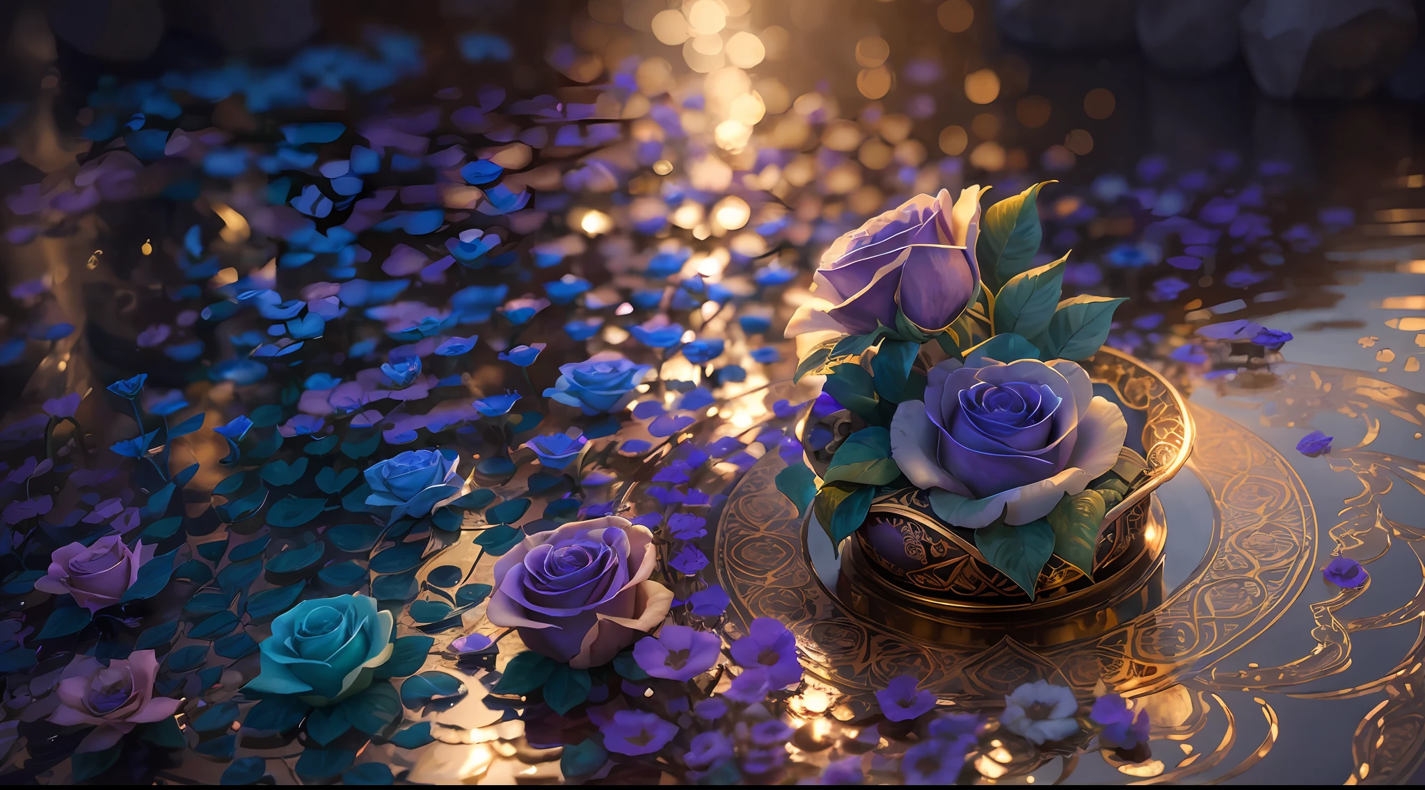 "Imagine a mysterious skull, adorned with intricate designs that dance across its surface. On it, 3D sculpted roses stand out, displaying a delicate, almost palpable texture. The petals appear in contrast to the cool colors that dominate the scene. Interlaced leaves create shapes that resemble a ballerina. The scene is painted in shades of deep blue and enigmatic purple, revealing subtle reflections and a delicate, beautiful, slightly golden light that comes from a fountain of life and hope. In this composition, the duality between shadow and beauty creates a unique harmony, awakening the senses and inviting reflection on the mysteries of human existence." --auto --s2
