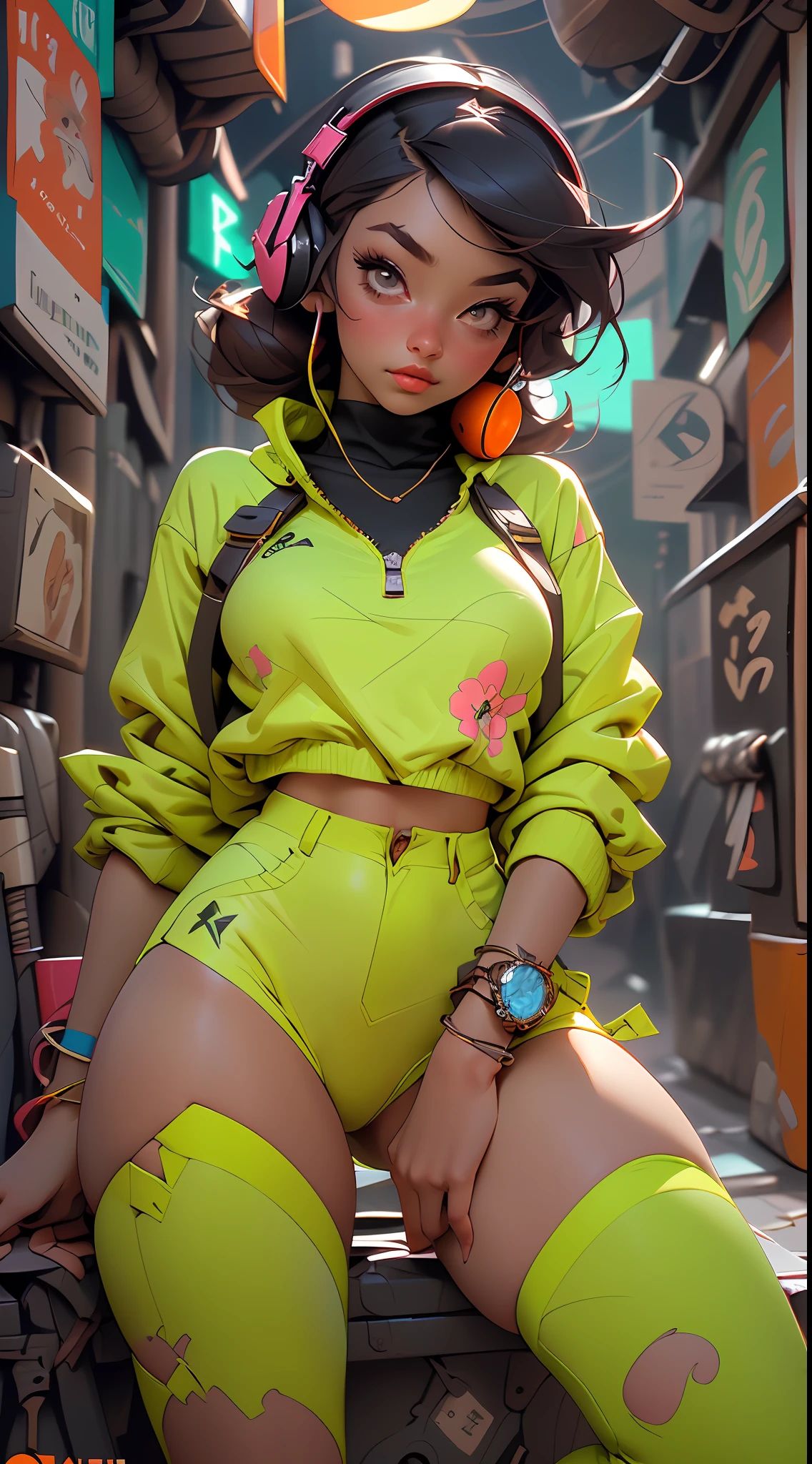 ((Mejor calidad)), ((obra maestra)), ((realista)) and ultra-detailed photography of a cute nerdy girl with neon headphones, Ella tiene ((cabello rosa)), He wears an orange technical clothing jacket and exudes an atmosphere ((Beautiful and Aesthetic)) (tetas grandes), (erecto, sexy, ojos muy hermosos, detallados, ojos de color verde brillante.