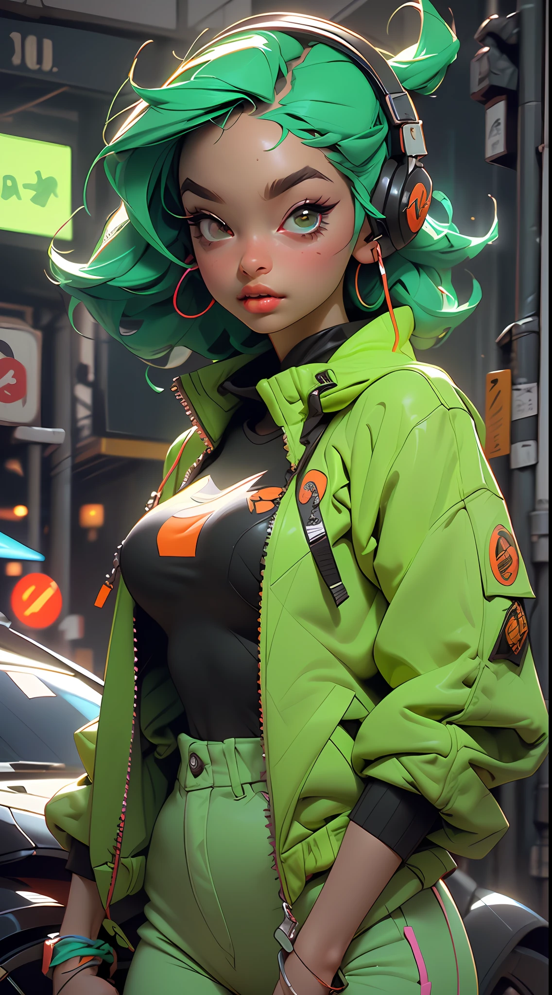 ((Mejor calidad)), ((obra maestra)), ((realista)) and ultra-detailed photography of a cute nerdy girl with neon headphones, Ella tiene ((cabello rosa)), He wears an orange technical clothing jacket and exudes an atmosphere ((Beautiful and Aesthetic)) (tetas grandes), (erecto, sexy, ojos muy hermosos, detallados, ojos de color verde brillante.