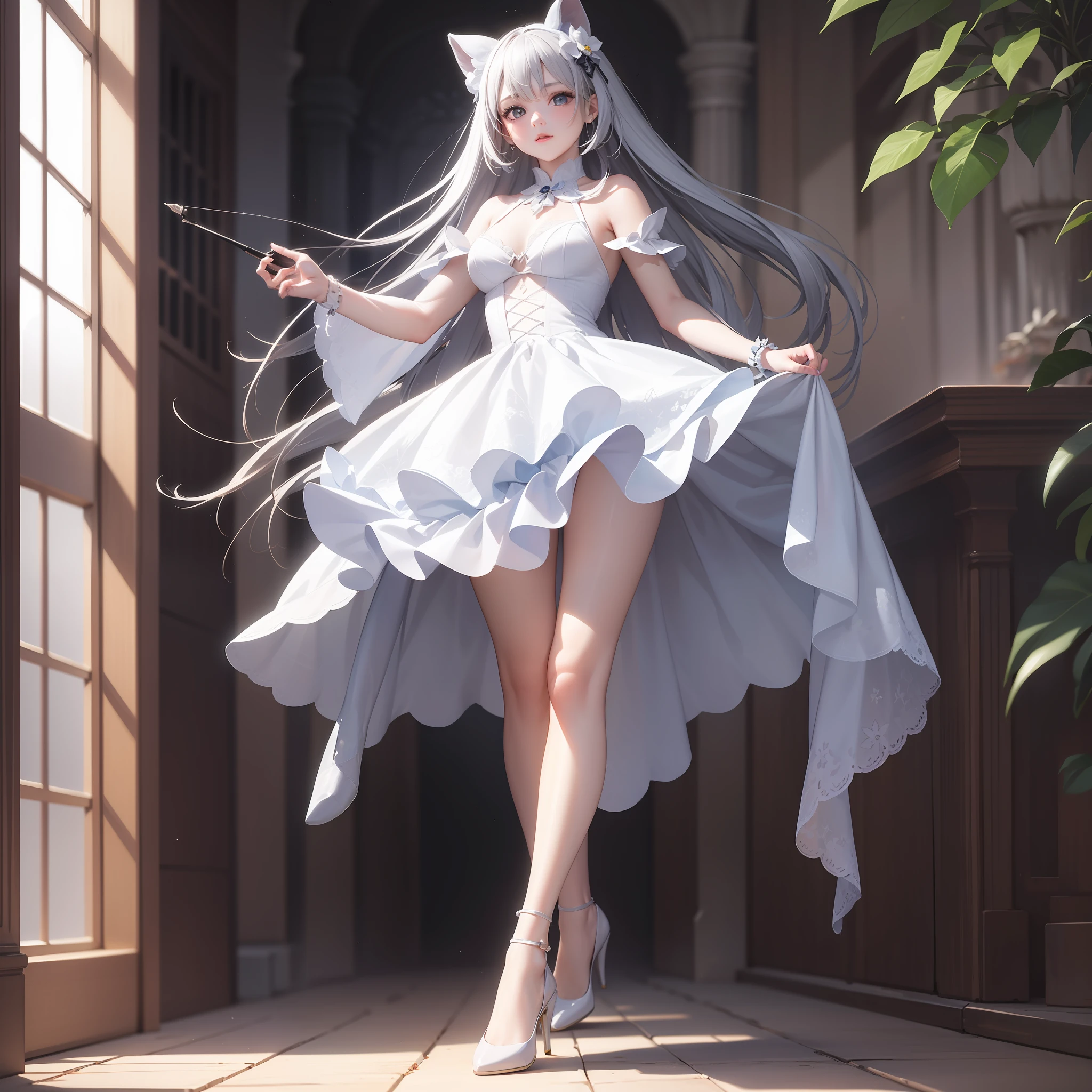 (tmasterpiece,top-quality,best qualityer,offcial art,Beauty and aesthetics:1.2),(1girll),extremy detailed,(s fractal art:1.3),rich colourful,highest details,s the perfect face,hdr,(Short white dress:1.2),galaxias,(light stre),striking visual effects,(dynamic streaks,Luminous trajectory:1.2),vivd colour,(White ta high heels:1.2),超高分辨率,Photoreality,rays of sunshine,(full-body portraits:1),stunningly beautiful,,dynamicposes,delicated face,Vibrant eyes,opulent,milkyW,Highly detailed skin,Realistic details of skin,Visible Pore,tack sharp focus,volume fog,8K UHD,digital SLR camera,high qulity,filmgrain,White skin of the