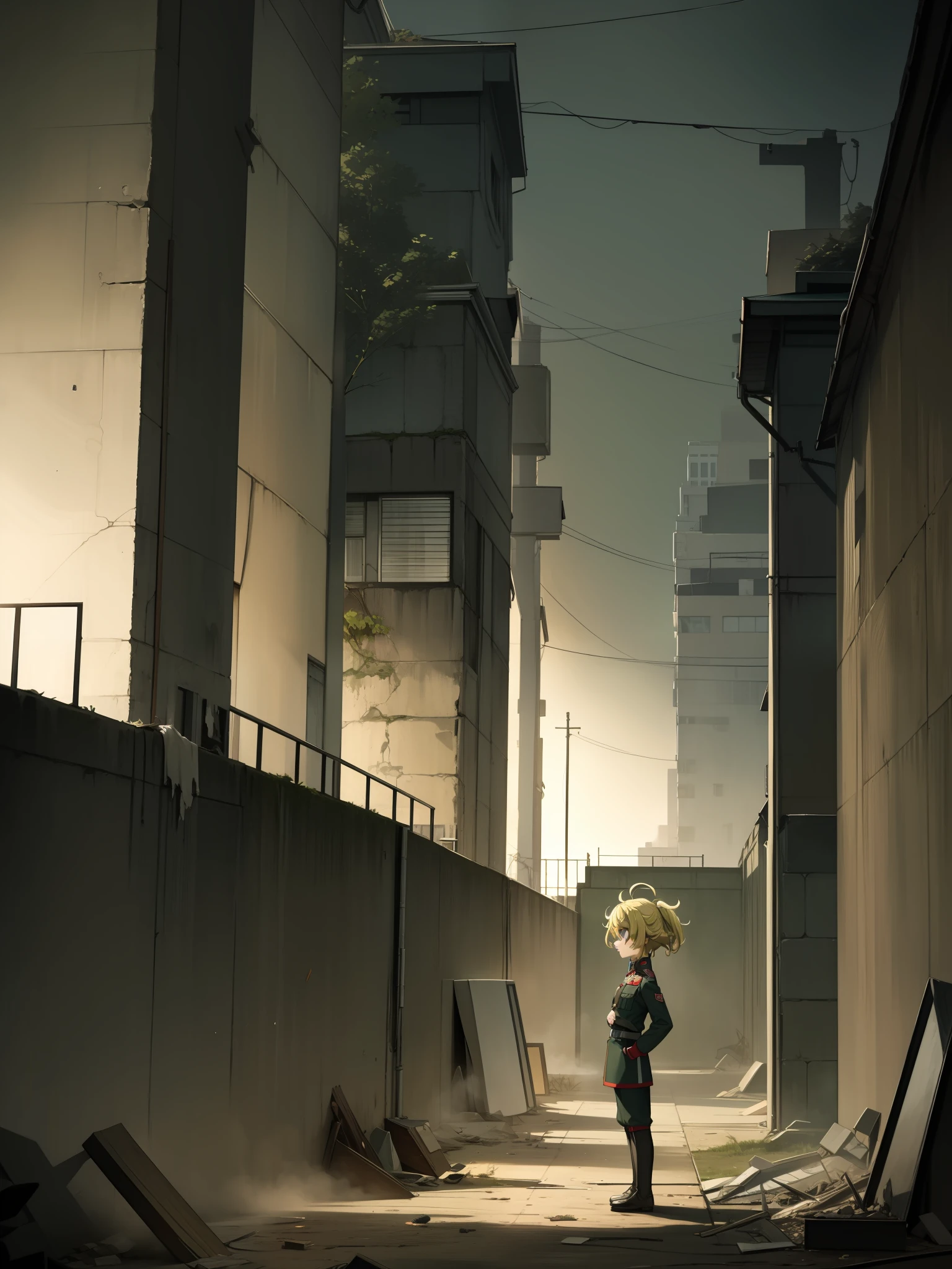 Tanya Degurechaff, Military uniform, short stature, psychotic eyes, destroyed scenery, side view