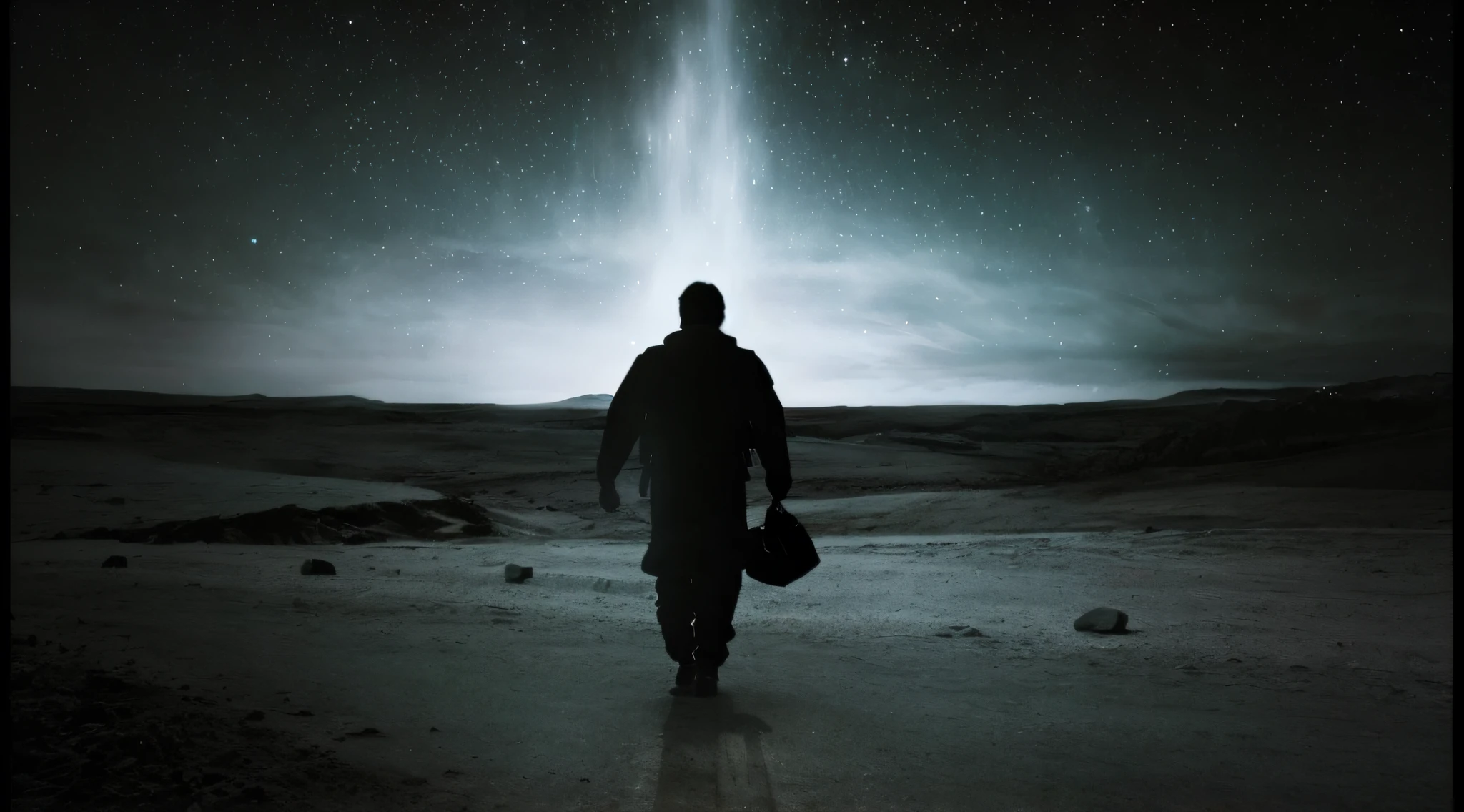 There's a man walking in the desert with a bag, Filme Interestelar, filme interestelar ( 2 0 1 4 ), Interestelar, Hiper realismo interestelar, situated in interstellar space, Ainda do filme A Chegada, dramatic sci-fi movie still, Ainda de um filme de Ridley Scott, Inspirado em Roger Deakins, an epic scifi movie still, epic sci-fi movie still, pano de fundo do cosmos