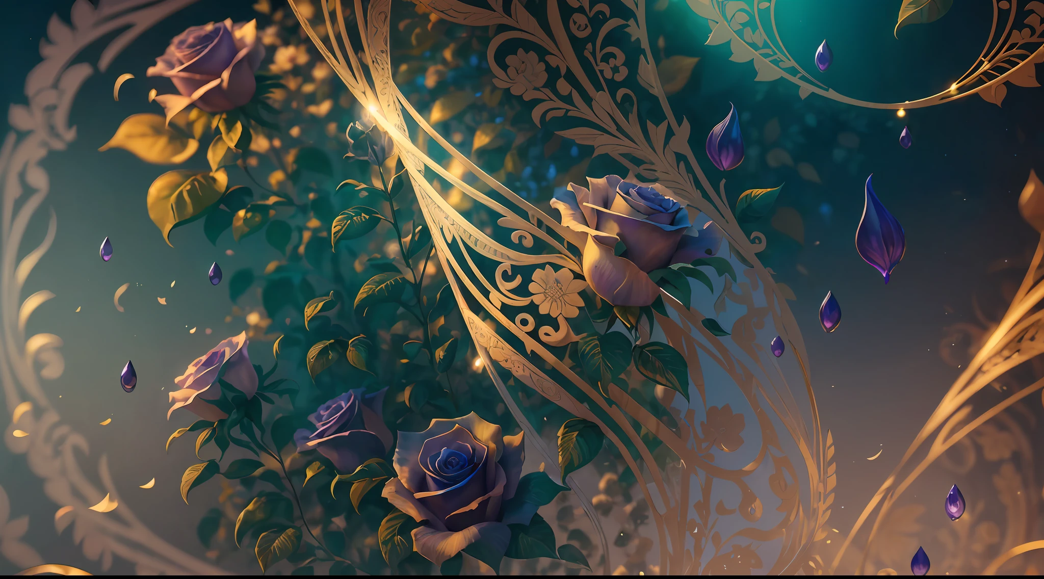 "Imagine a mysterious skull, adorned with intricate designs that dance across its surface. On it, 3D sculpted roses stand out, displaying a delicate, almost palpable texture. The petals appear in contrast to the cool colors that dominate the scene. Interlaced leaves create shapes that resemble a ballerina. The scenery is painted in shades of deep blue and enigmatic purple, revealing subtle reflections and a delicate, beautiful, slightly golden light bringing life and hope. In this composition, the duality between shadow and beauty creates a unique harmony, awakening the senses and inviting reflection on the mysteries of human existence." --auto --s2