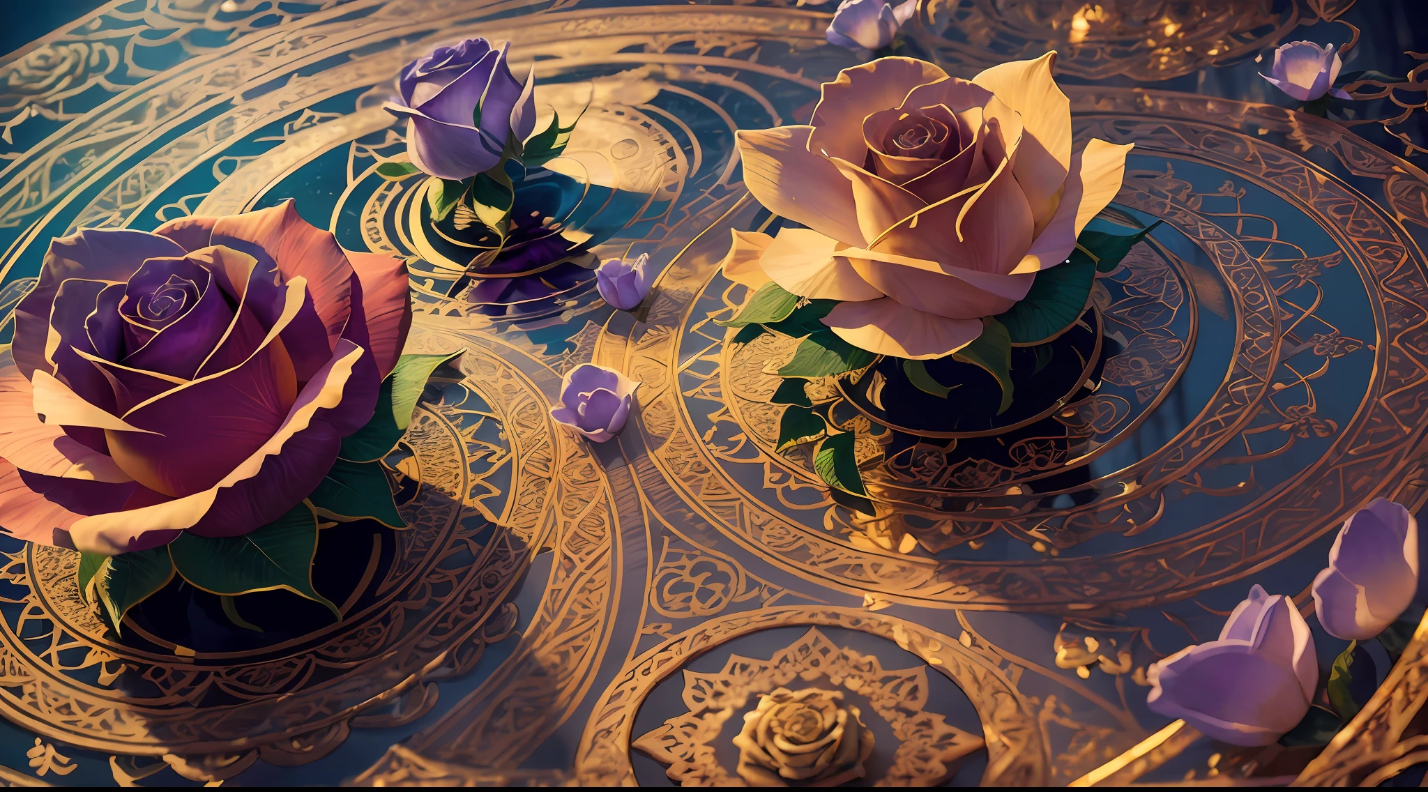 "Imagine a mysterious skull, adorned with intricate designs that dance across its surface. On it, 3D sculpted roses stand out, displaying a delicate, almost palpable texture. The petals appear in contrast to the cool colors that dominate the scene. Interlaced leaves create shapes that resemble a ballerina. The scenery is painted in shades of deep blue and enigmatic purple, revealing subtle reflections and a delicate, beautiful, slightly golden light bringing life and hope. In this composition, the duality between shadow and beauty creates a unique harmony, awakening the senses and inviting reflection on the mysteries of human existence." --auto --s2