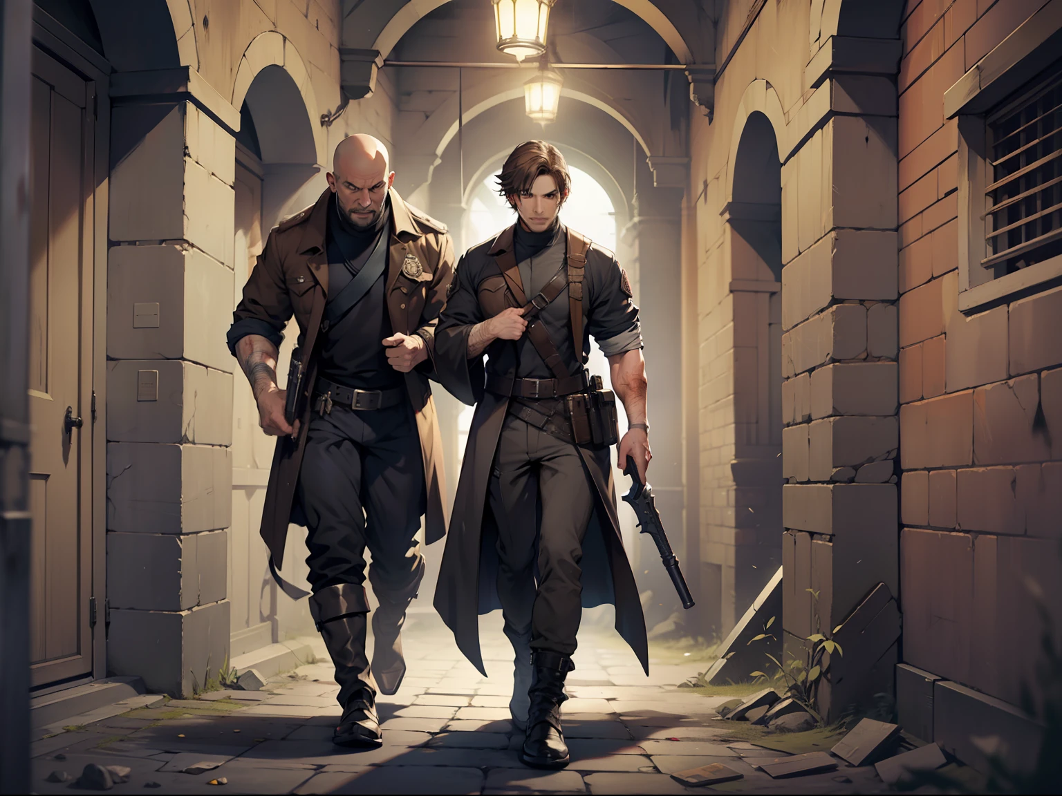 (masterwork) Very high quality, full body, Super detailed shooting, Resident Evil setting, Male clergy treat wounded male bards in dungeon corridors, 32K resolution, Best quality, Dynamic pose, actionpose, Surreal and charming.