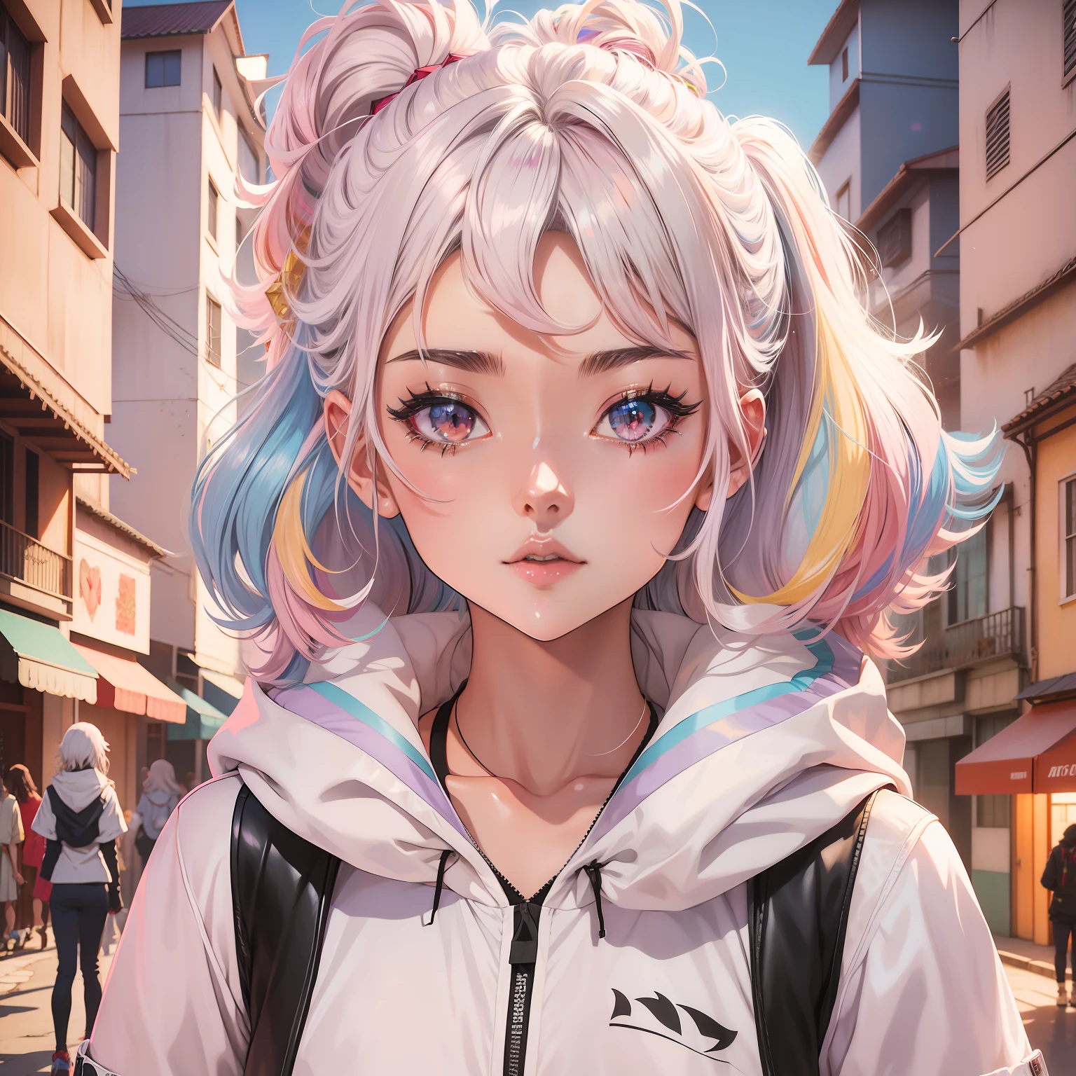 Diamante, cabelos multicoloridos, olhos multicoloridos, anime com cabelo rosa e olhos azuis em uma jaqueta branca, Estilo anime 2D, anime moe artstyle, no estilo de arte do anime 8 0 s, Koyoharu Gotouge, arte anime de alta qualidade, Gatilho Estilo de Arte de Anime, 2 0 2 2 estilo anime, Estilo Anime 2022, Camada de anime, anime exuberante john 8k madeiras