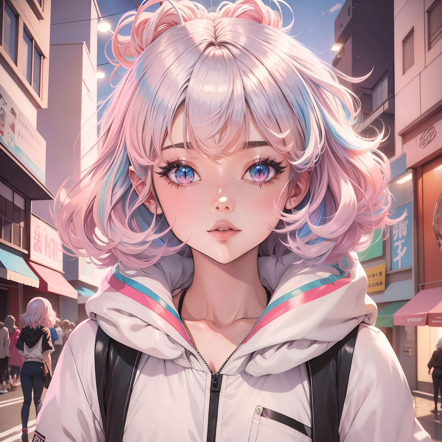 Diamante, cabelos multicoloridos, olhos multicoloridos,Menina anime com cabelo rosa e olhos azuis em uma jaqueta branca, Estilo anime 2D, anime moe artstyle, no estilo de arte do anime 8 0 s, Koyoharu Gotouge, arte anime de alta qualidade, Gatilho Estilo de Arte de Anime, 2 0 2 2 estilo anime, Estilo Anime 2022, Camada de anime, anime exuberante john 8k madeiras