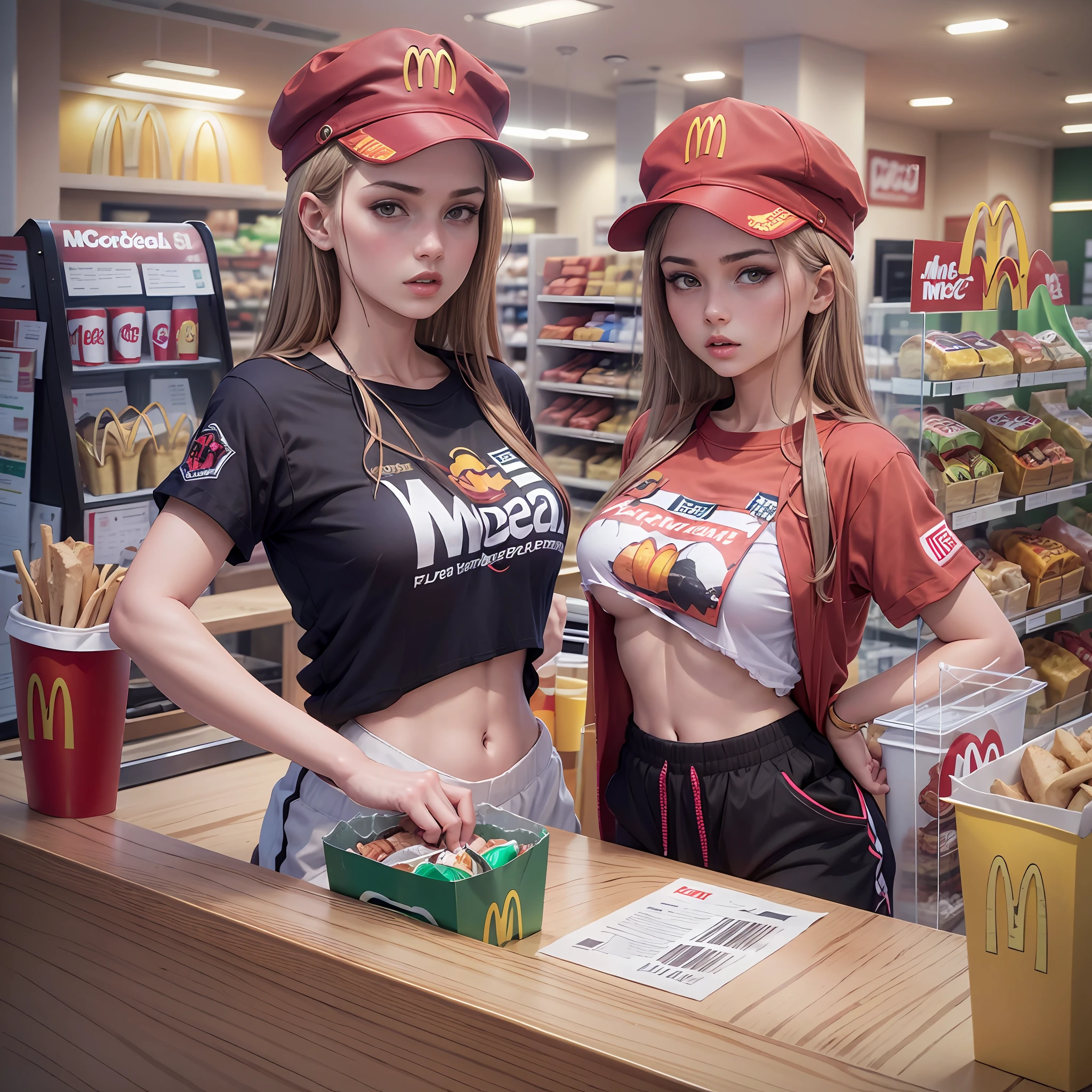 jovem mulher europeia, vestindo uniforme mcdonalds, (camisa vermelha meio desabotoada), (low black pants), Red cap with mcdonalds logo, Standing behind the McDonalds counter, Peito Inferior,