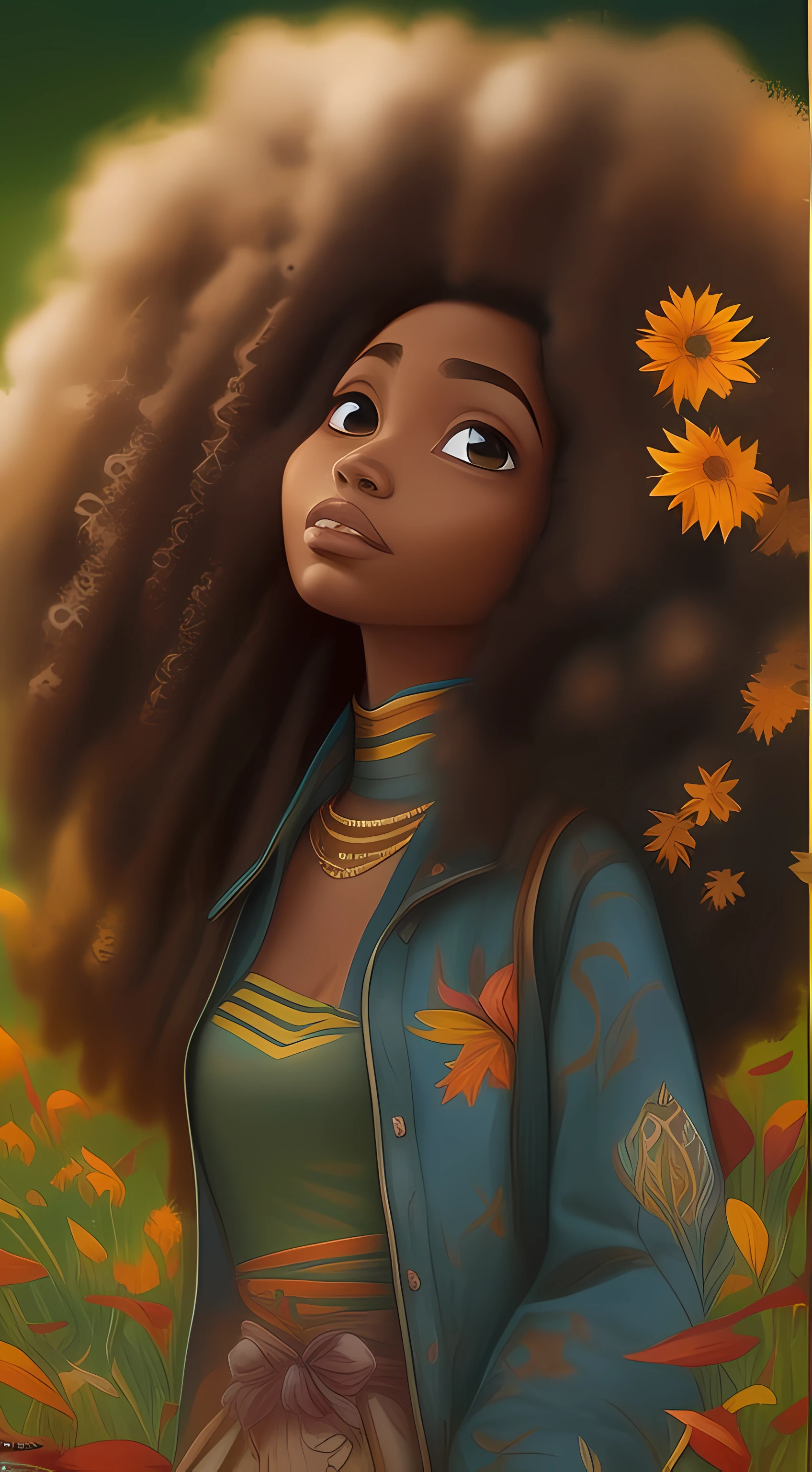 1Garota (((solo))), ((menina de 20 anos estilo pixar, cabelos longo mega hair: 1.2)), (((pele afro_preta: 2.8))), olhos cintilantes: 0.9, symmetrical face, rosto de modelo, pele marrom escura: 1.9, cores vividas, vestido floral longo, andando em meio as flores e ao vento, autumn morning, nascer do sol, detalhes intrincados, estilo midjourney, Greg Rutkowski