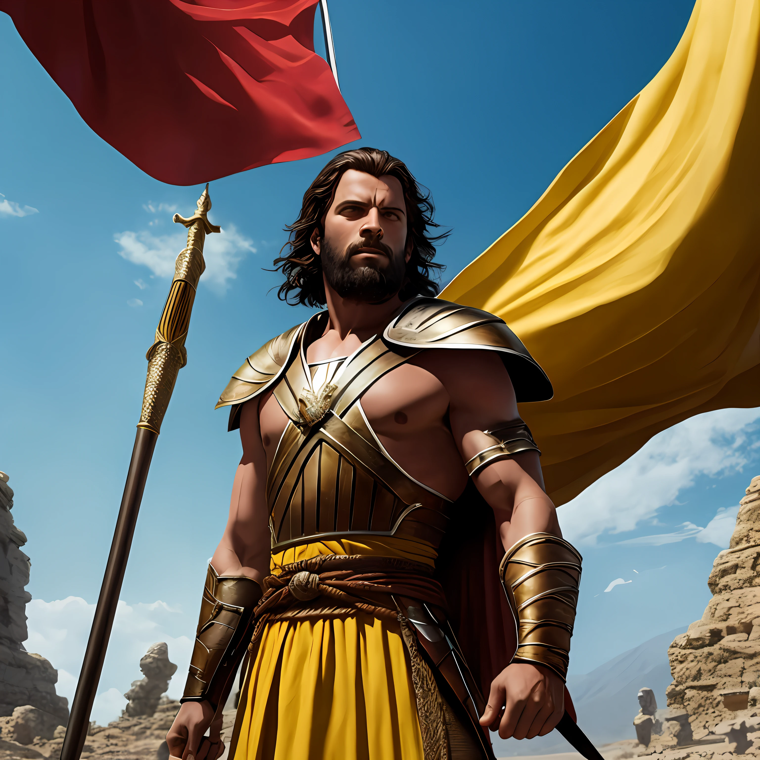 magem arafed de um homem em um traje com uma espada e uma bandeira, na captura de tela do filme 300, biblical epic movie, 300 o filme, 0 0 0 a.C., filme ainda de , filme de fantasia ainda, 4 0 0 a.C., Filme 3D ainda, j, an epic fantasy --auto