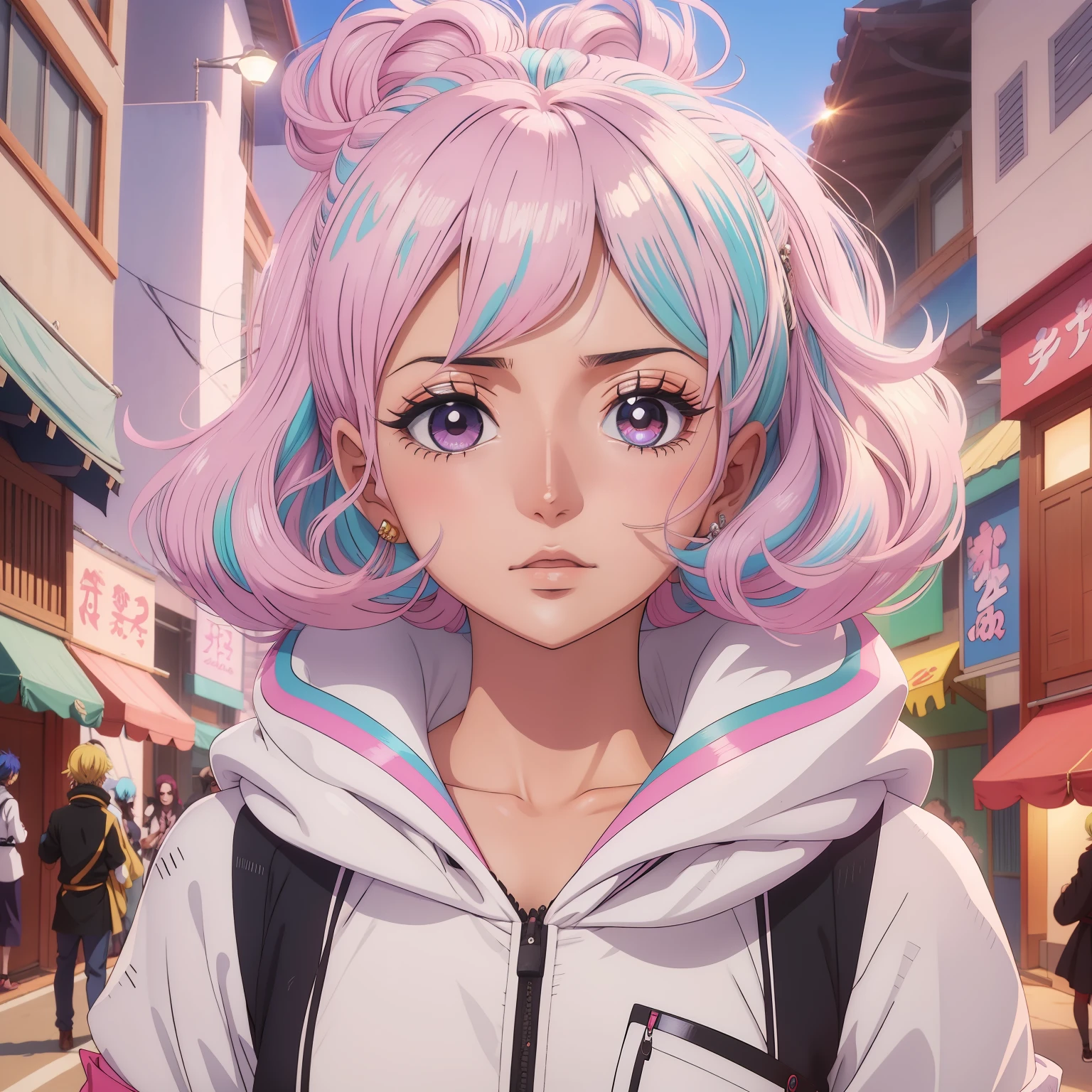 Diamante, cabelos multicoloridos, olhos multicoloridos,Menina anime com cabelo rosa e olhos azuis em uma jaqueta branca, Estilo anime 2D, anime moe artstyle, no estilo de arte do anime 8 0 s, Koyoharu Gotouge, arte anime de alta qualidade, Gatilho Estilo de Arte de Anime, 2 0 2 2 estilo anime, Estilo Anime 2022, Camada de anime, anime exuberante john 8k madeiras