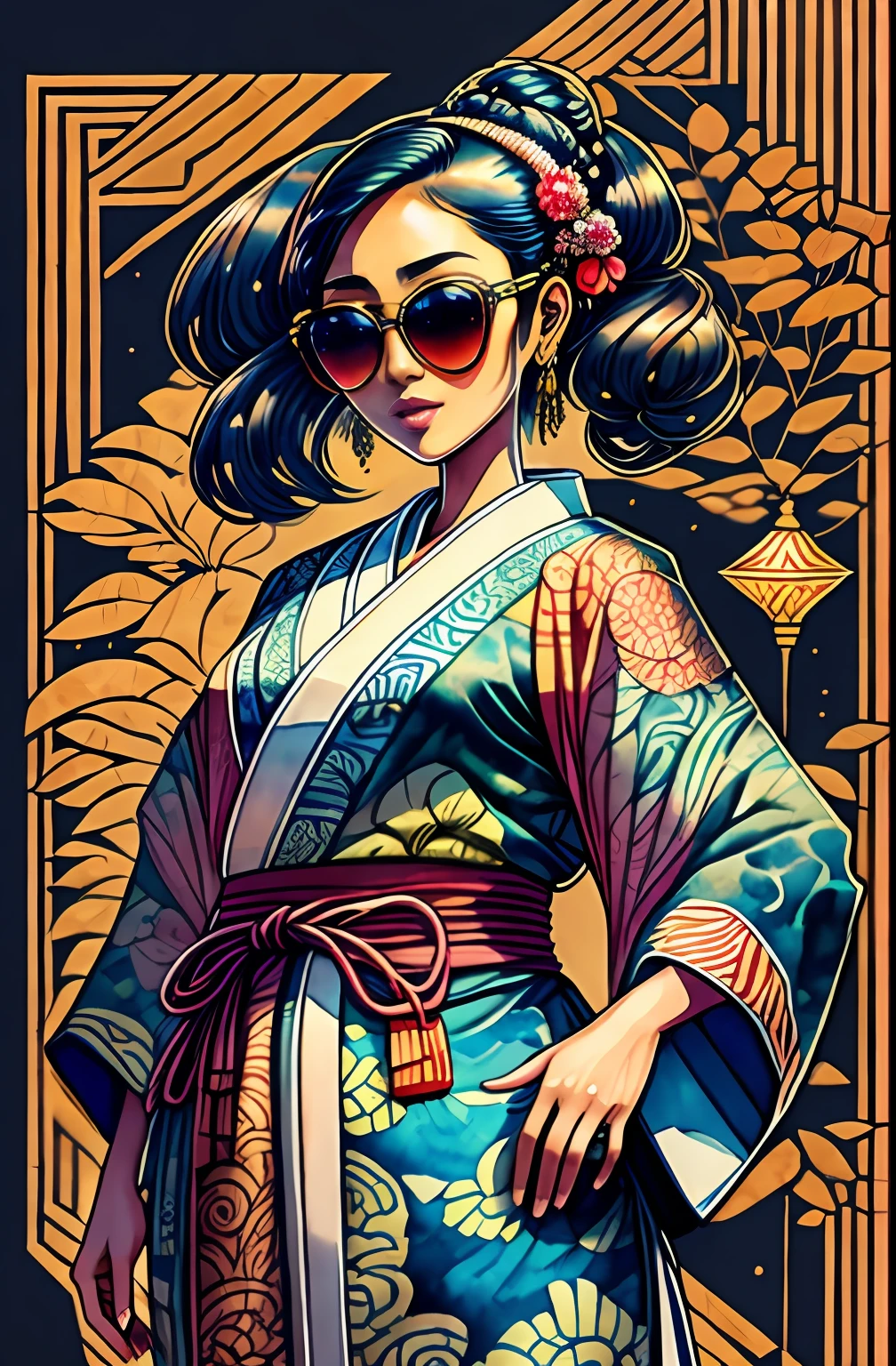 "Full body, water colors, ink drawing, beautiful cyberpunk Indonesian woman, kimono batik patterns, wearing smart digital sunglasses, Indonesian Batik background, in the style of Indonesian Batik Culture, Indonesian Art