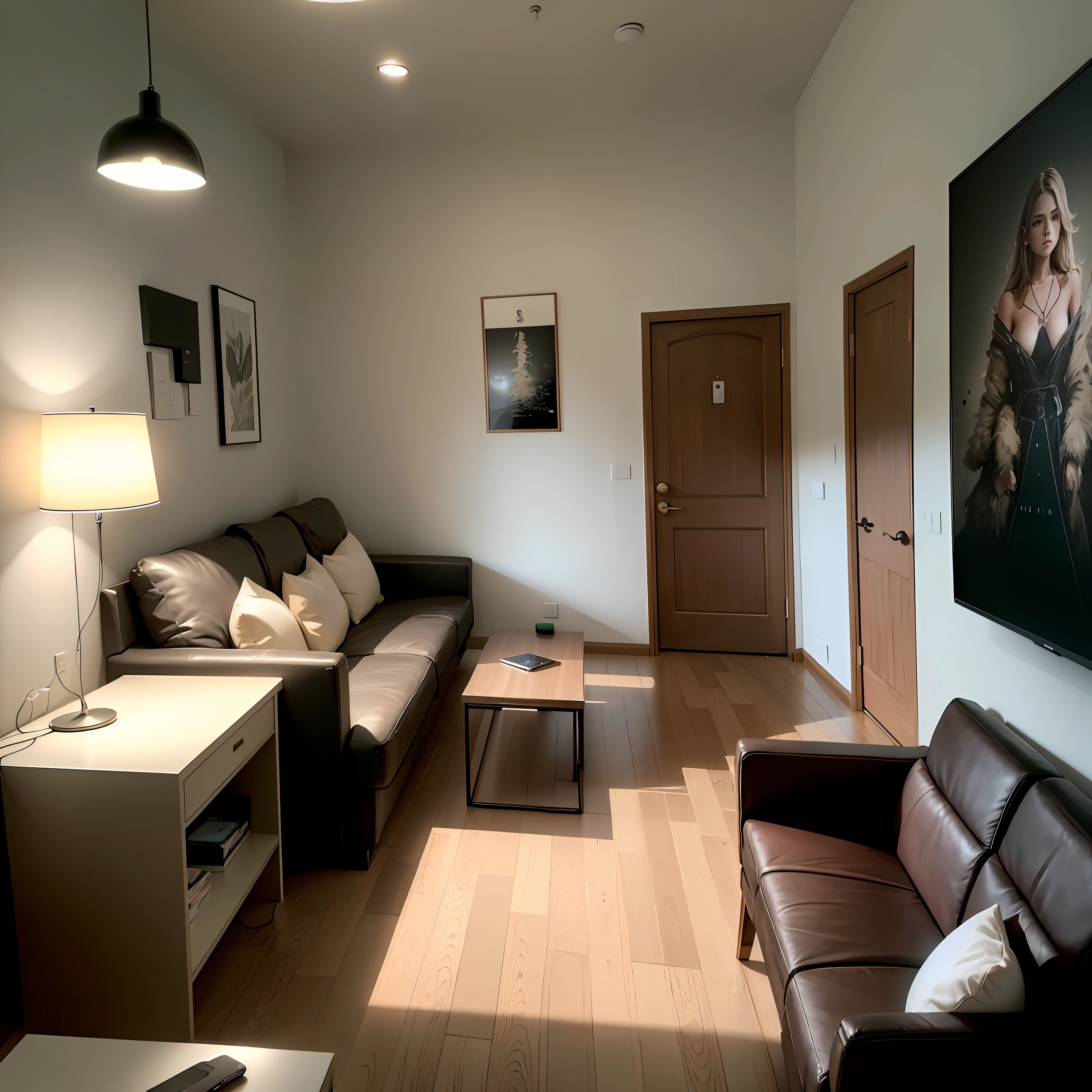 Imagine uma sala de estar moderna e aconchegante. The walls are painted in a soft shade of light gray, providing a sense of calm and elegance. O piso de madeira de carvalho escuro adiciona um toque acolhedor e sofisticado ao ambiente.
Ao entrar na sala, you notice a spacious L-shaped sofa, Covered with a soft fabric that is pleasant to the touch. Sobre a mesa de centro de vidro, There are some carefully organized electronic devices.
Uma TV de tela plana, com bordas finas e design moderno, is strategically mounted on the wall in front of the sofa. Logo abaixo da TV, uma estante discreta abriga equipamentos de entretenimento, as a game console and media center.
Next to the sofa, A side table finished in dark wood contains a sleek design desk lamp and a wireless charger for mobile devices. Next to the side table, um assistente virtual fica discretamente posicionado, pronto para atender a comandos de voz.
Uma cortina inteligente, controlada por um aplicativo no smartphone, cobre a janela, permitindo ajustar a quantidade de luz natural que entra na sala. Ao lado da janela, a surround sound system is connected to the TV for an immersive audio experience.
No teto, Modern chandeliers with adjustable LED lighting create a welcoming atmosphere at night. Esses lustres podem ser controlados por meio de um aplicativo no smartphone, allowing you to adjust the intensity and color of the light according to preference.
Near the entrance of the room, A small home automation control panel is installed on the wall. This panel allows you to easily adjust the lighting system settings, cortinas e outros dispositivos conectados em toda a casa.
8k, realista --auto