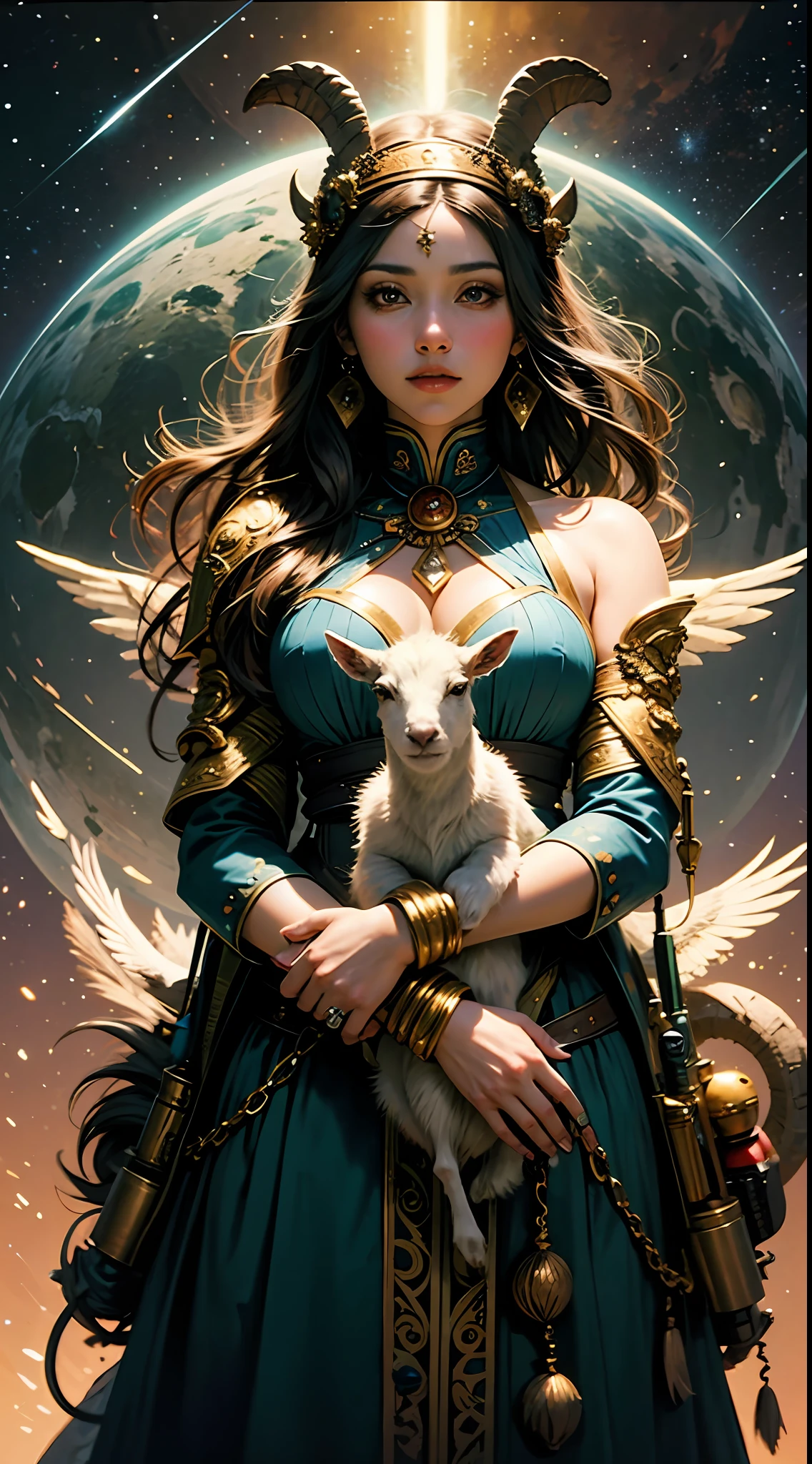 (best qualtiy)), ((tmasterpiece)), (A detailed:1.4),Light and dark are intense,Suspended in the universe,starrysky,Taiji galaxy,((The goat goddess and the majestic goat snuggle together:1.4)),((Gorgeous Greek mythological costumes)),(Nice headband),high qulity,8K分辨率,tmasterpiece,Works of masters,Cinematic lighting,super-fine,,super-fine,Works of masters,high qulity,8K分辨率,电影灯光,high qulity,super-fine,Accurate,offcial art, 8k 壁纸,