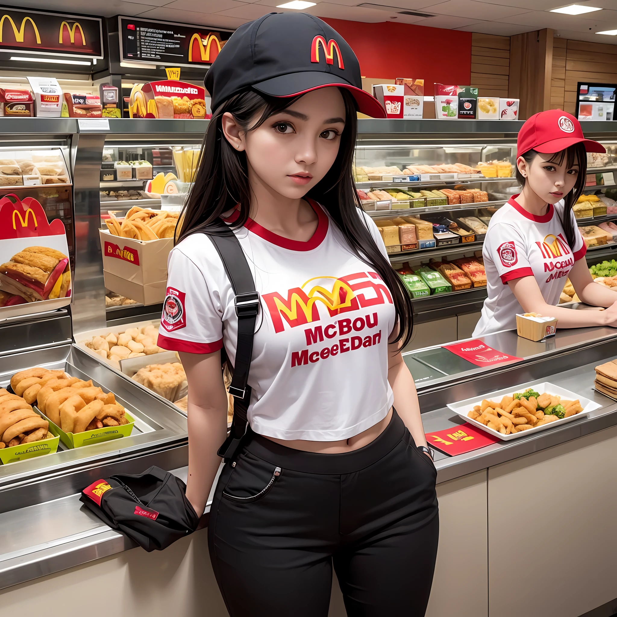 jovem mulher mexicana vestindo uniforme mcdonalds, (camisa vermelha meio desabotoada), (low black pants), Red cap with mcdonalds logo, Standing behind the McDonalds counter, Peito Inferior,