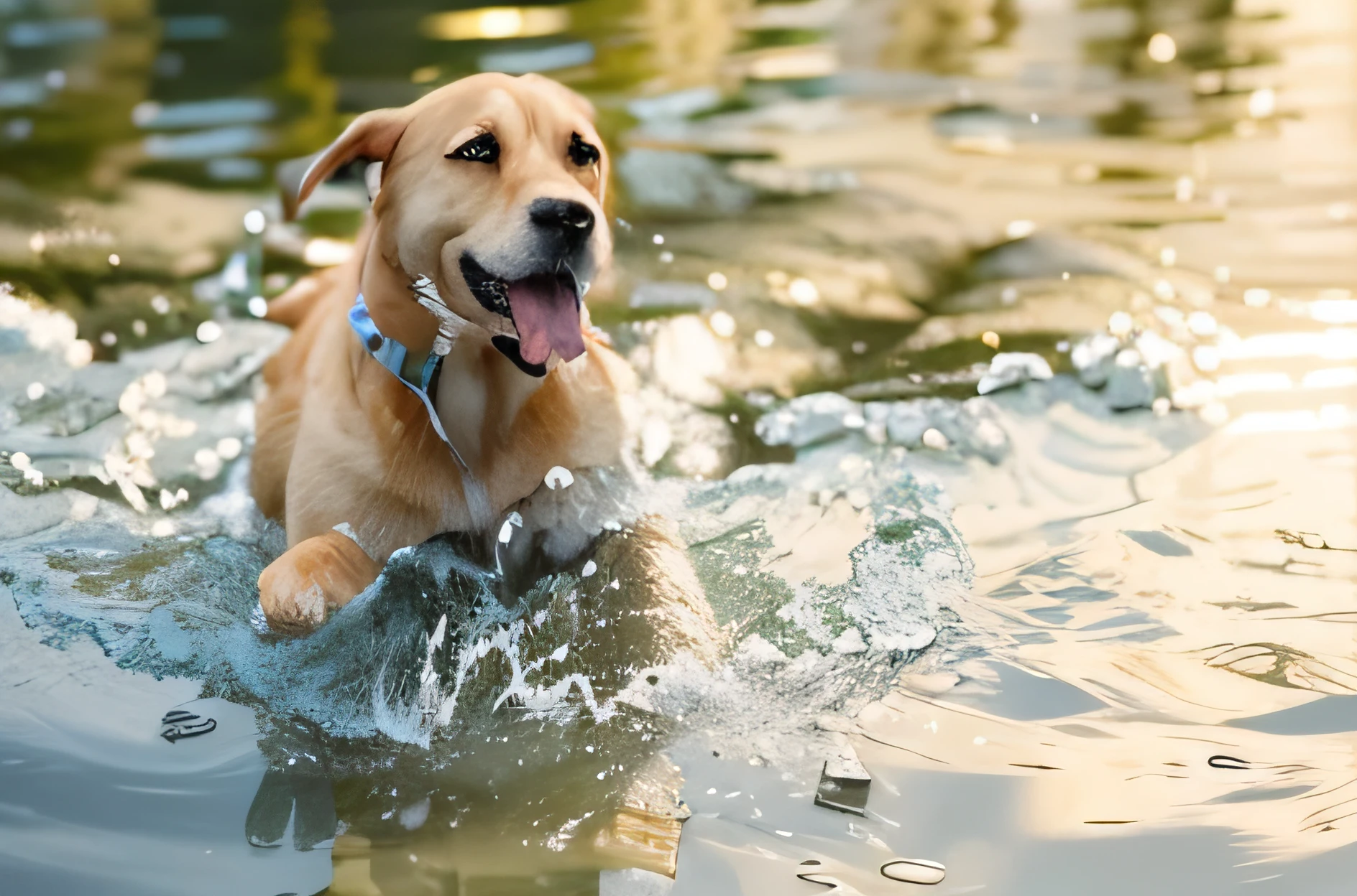There is a dog that is playing with a toy in the water, playing with the water, feature, brincando na praia, Divirta-se, Remo e bola, Hunting, in an action pose, in the water, caninos esportes foto, Espirrar, cane, Jogar, Imagem de Stock, espuma, happy dog, pato, em um lago, in water