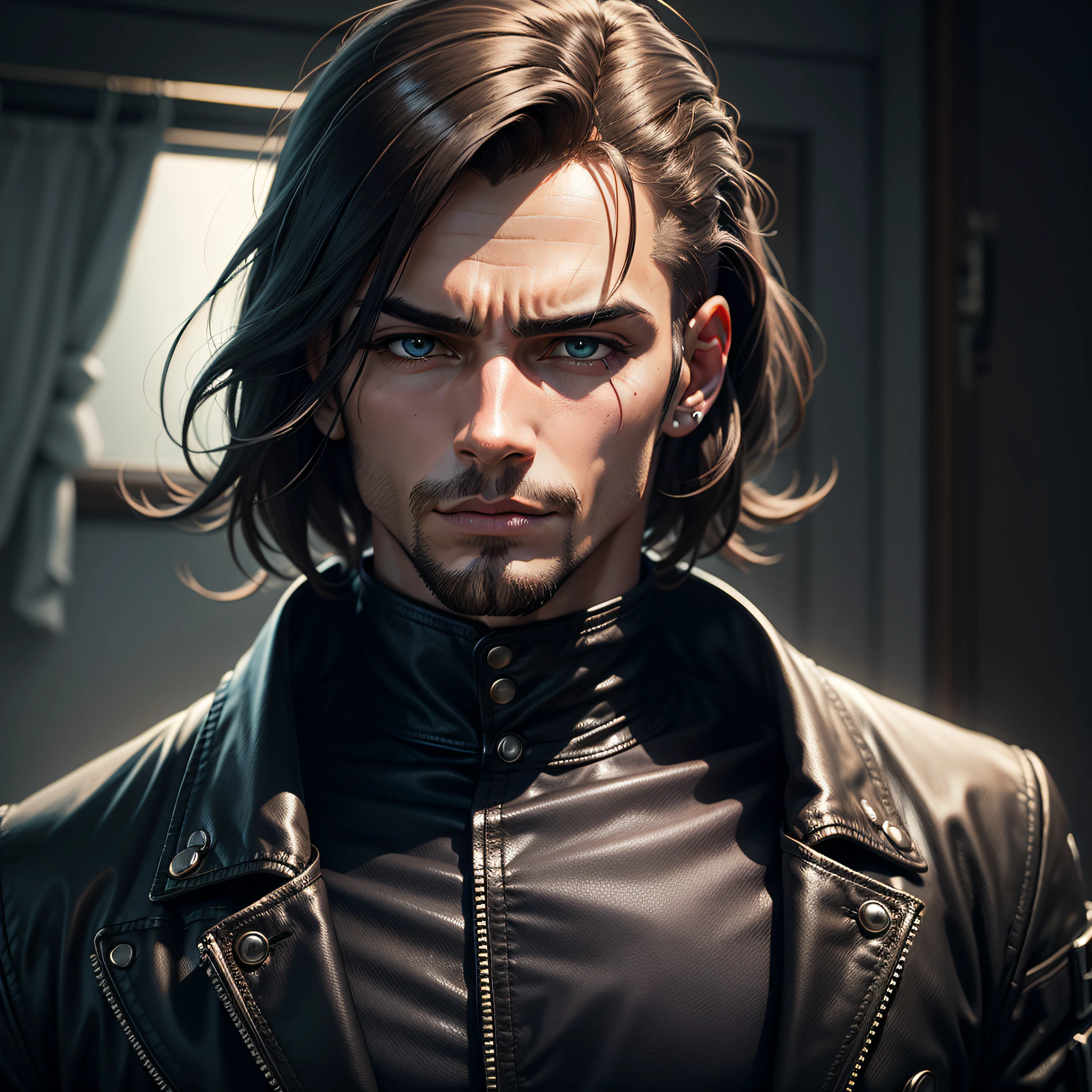 crie um homem, cabelo preto, estiloso, jaqueta preta, olhos azuis. 4k --auto